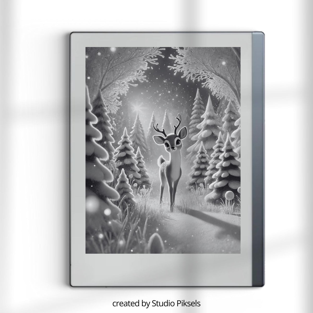 Christmas Winter Sleep Screen Bundle for reMarkable 1, reMarkable 2, and Paper Pure featuring festive holiday scenes, snowy landscapes, cozy cabins, and grayscale sleep screen artwork optimized for E Ink displays.