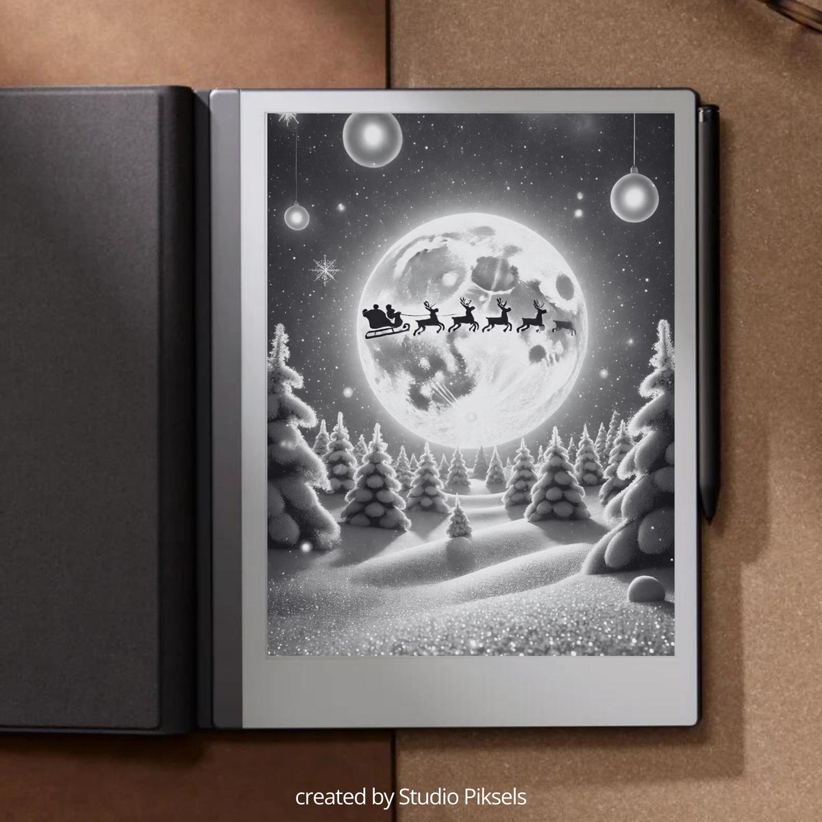 Christmas Winter Sleep Screen Bundle for reMarkable 1, reMarkable 2, and Paper Pure featuring festive holiday scenes, snowy landscapes, cozy cabins, and grayscale sleep screen artwork optimized for E Ink displays.