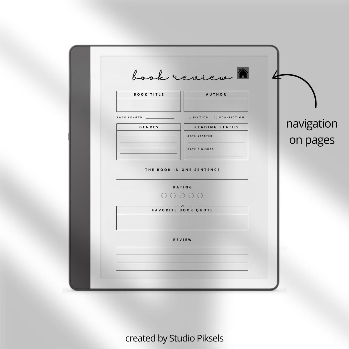 Hyperlinked Book Review Tracker for Kindle Scribe featuring book review pages, reading logs, star ratings, favorite quote sections, and clickable navigation for organized digital reading notes.