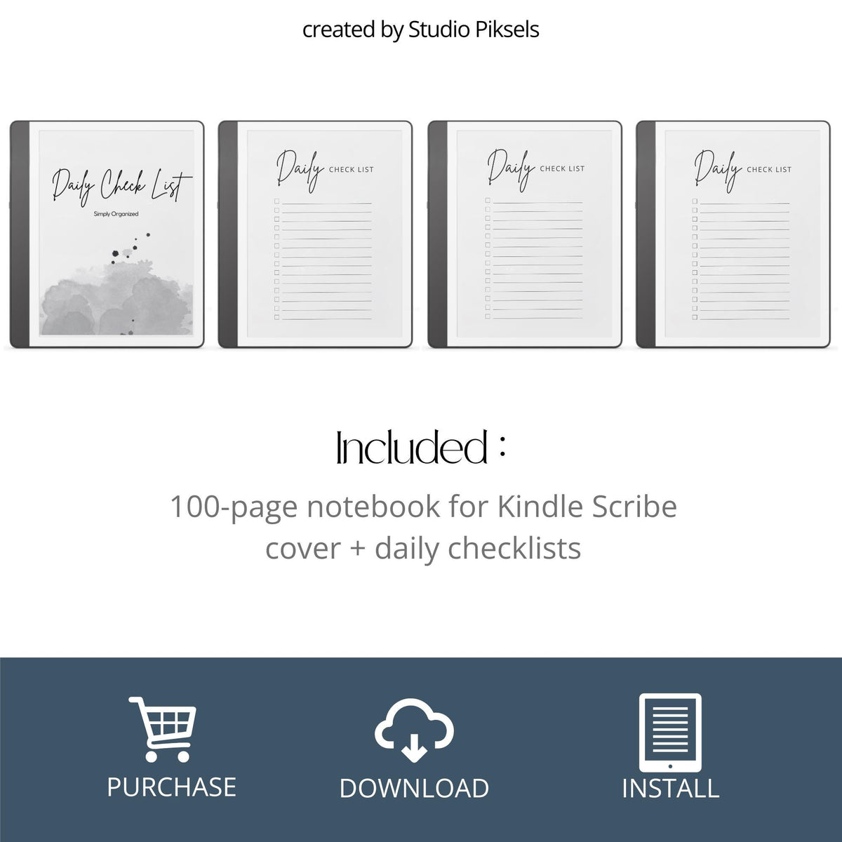 Minimalist Daily Checklist Notebook for Kindle Scribe featuring 100 reusable to do list pages with clean task tracking and productivity planning layouts.