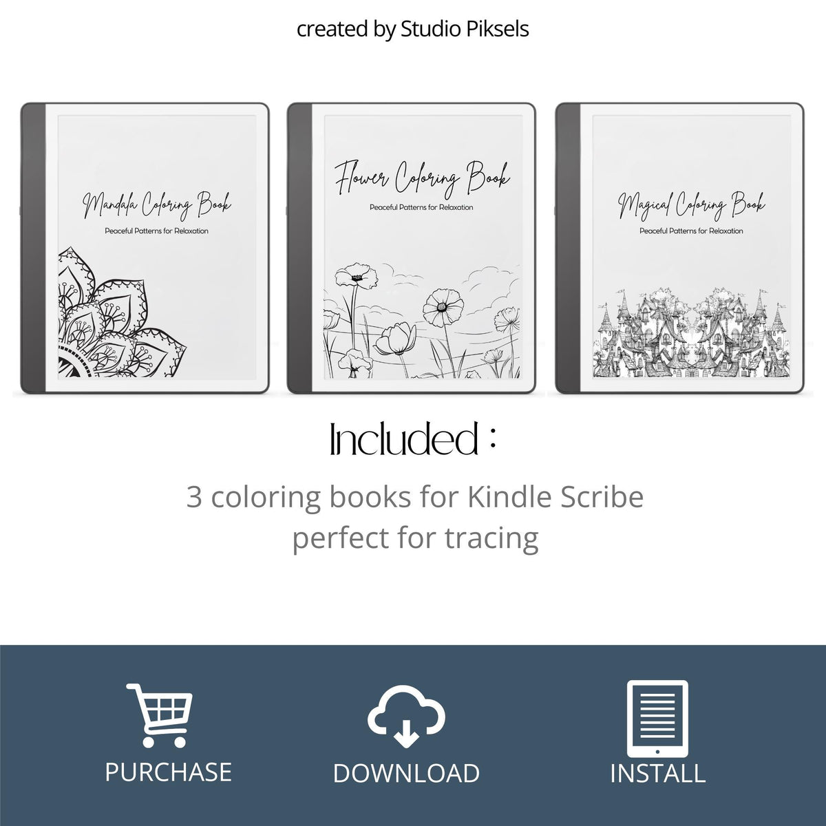 Mandala, Flower & Magical Tracing Book Bundle for Kindle Scribe featuring mandala patterns, floral tracing pages, and fantasy-inspired designs for relaxing digital tracing and mindful creativity.