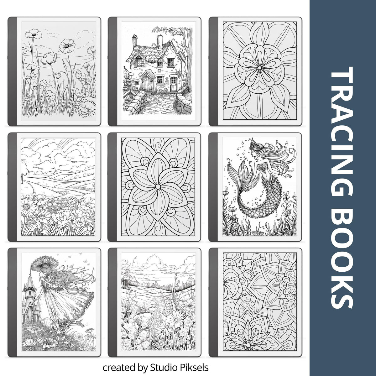 Mandala, Flower & Magical Tracing Book Bundle for Kindle Scribe featuring mandala patterns, floral tracing pages, and fantasy-inspired designs for relaxing digital tracing and mindful creativity.
