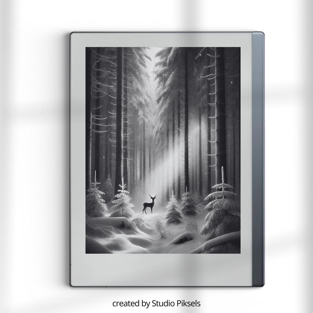 Winter Sleep Screen Bundle for reMarkable with 8 grayscale winter-themed sleep screens featuring snowy landscapes, cozy cabins, forest scenes, and peaceful seasonal artwork optimized for E Ink displays.
