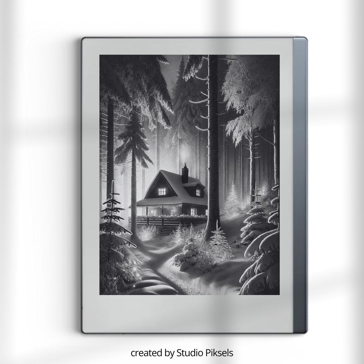 Winter Sleep Screen Bundle for reMarkable with 8 grayscale winter-themed sleep screens featuring snowy landscapes, cozy cabins, forest scenes, and peaceful seasonal artwork optimized for E Ink displays.