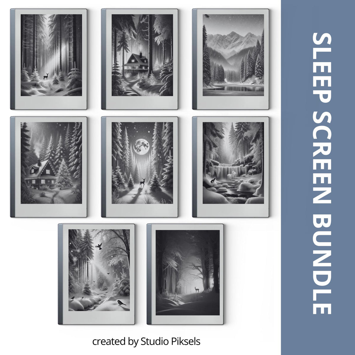 Winter Sleep Screen Bundle for reMarkable with 8 grayscale winter-themed sleep screens featuring snowy landscapes, cozy cabins, forest scenes, and peaceful seasonal artwork optimized for E Ink displays.