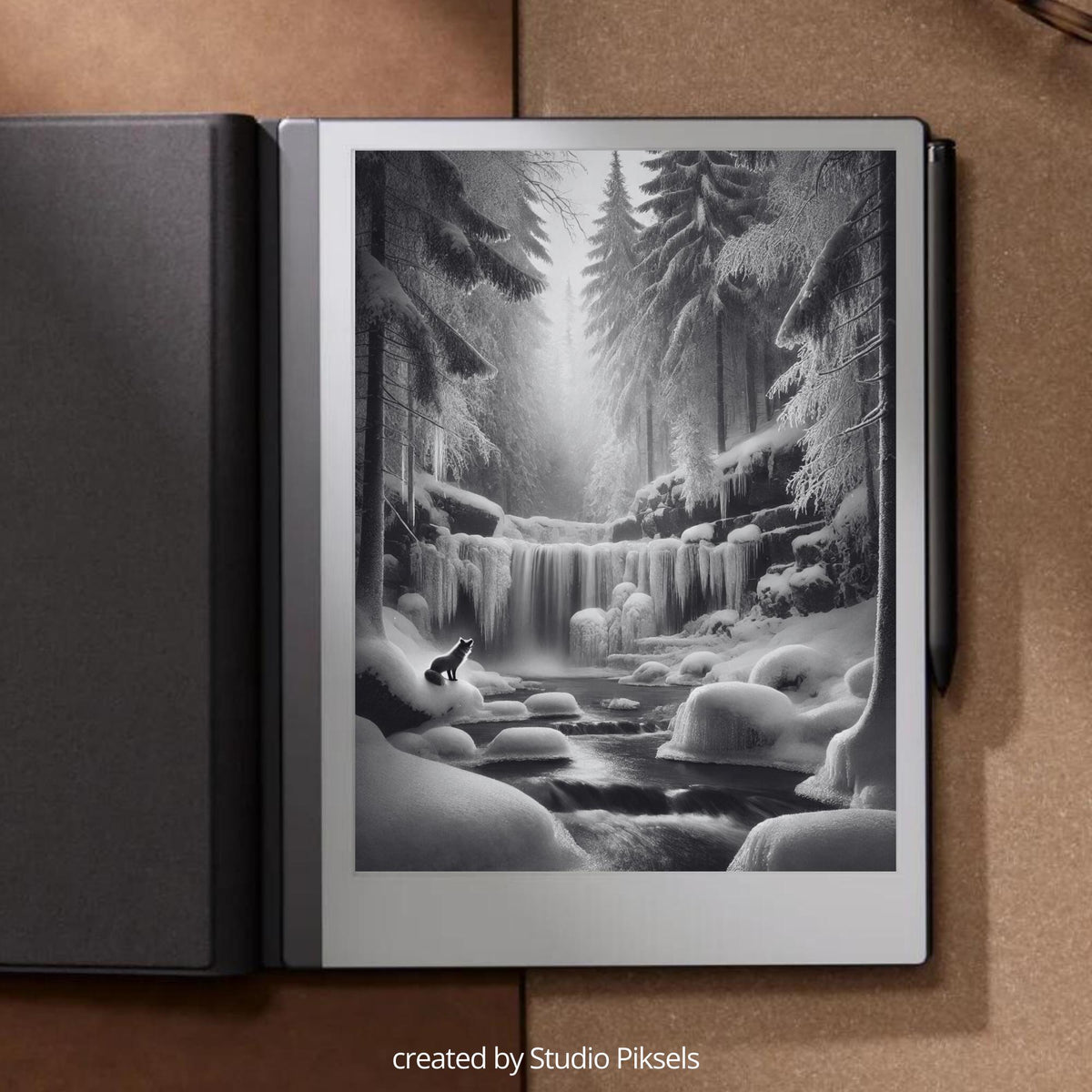 Winter Sleep Screen Bundle for reMarkable with 8 grayscale winter-themed sleep screens featuring snowy landscapes, cozy cabins, forest scenes, and peaceful seasonal artwork optimized for E Ink displays.