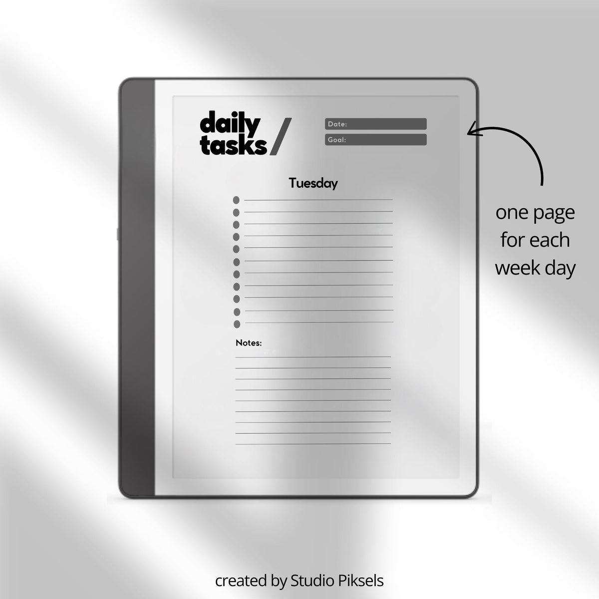 Minimalist Daily Task Planner for Kindle Scribe featuring weekly task planning pages with sections for goals, priorities, notes, and productivity tracking.