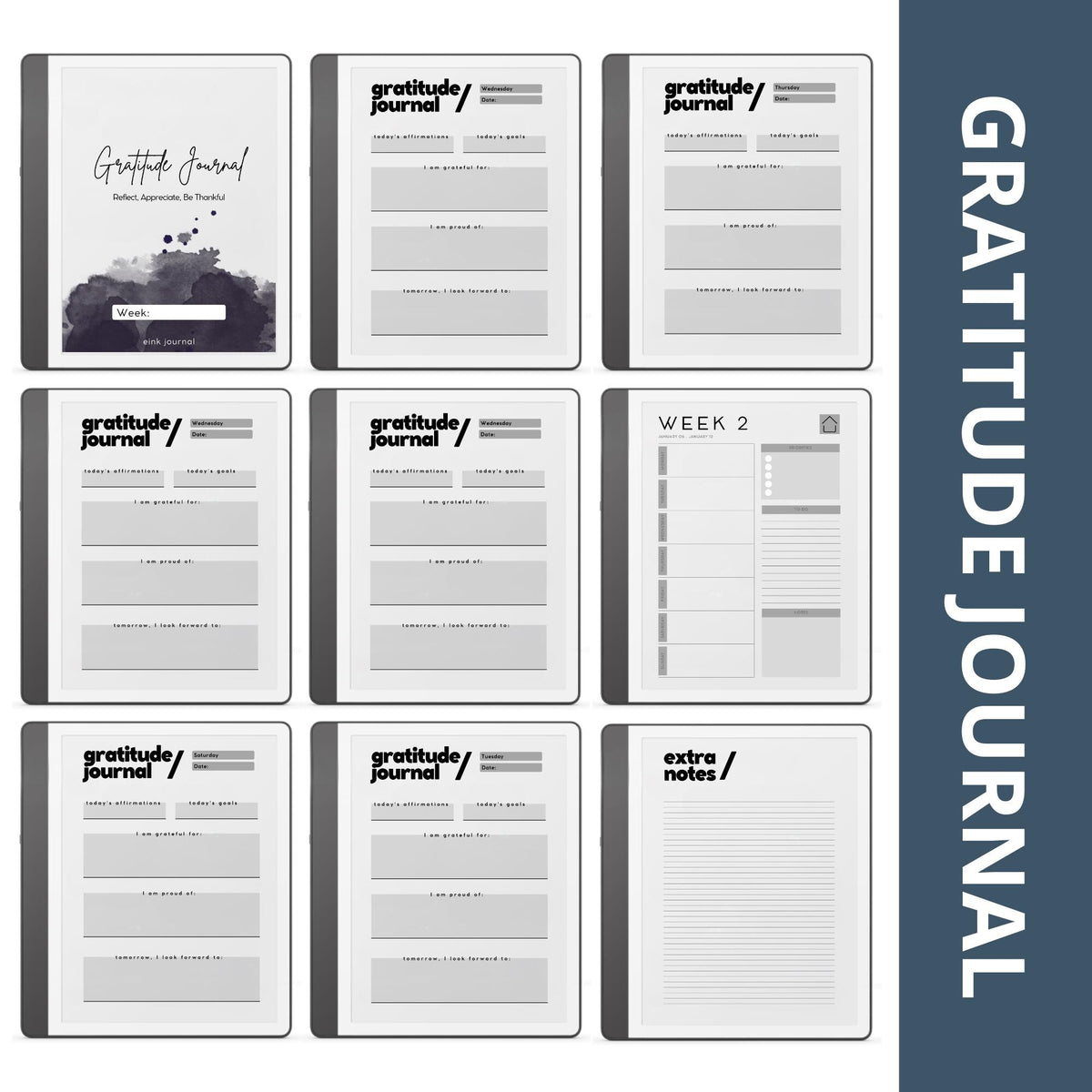 Gratitude Journal for Kindle Scribe with guided daily reflection pages, mindfulness prompts, and minimalist digital journaling layouts.