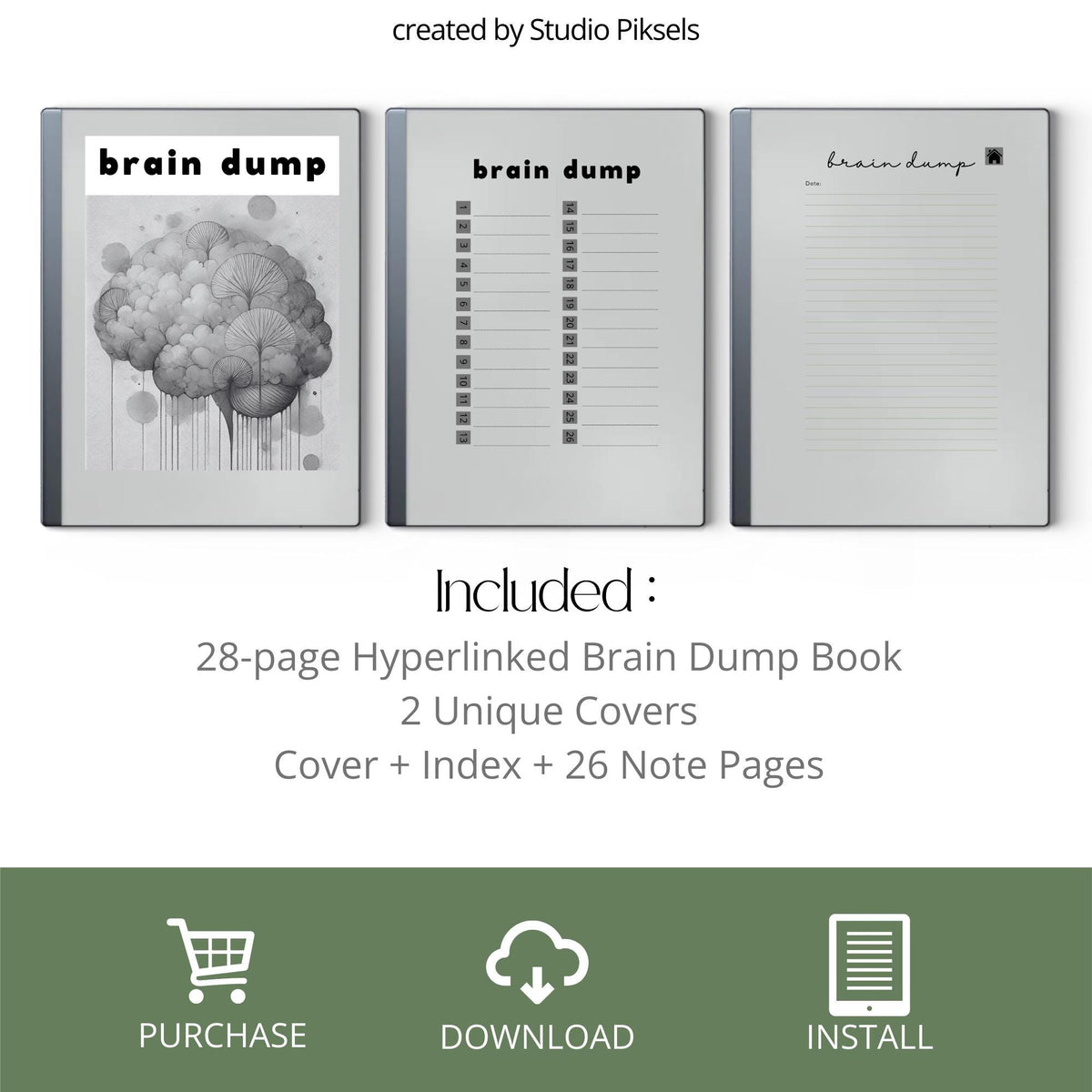 Brain Dump Template for reMarkable 2 and reMarkable Paper Pure featuring hyperlinked lined pages, interactive index navigation, and two grayscale cover designs for productivity and brainstorming