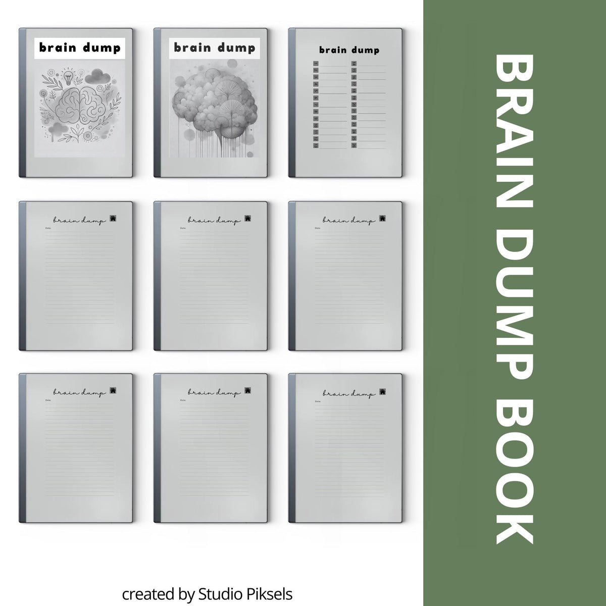 Brain Dump Template for reMarkable 2 and reMarkable Paper Pure featuring hyperlinked lined pages, interactive index navigation, and two grayscale cover designs for productivity and brainstorming