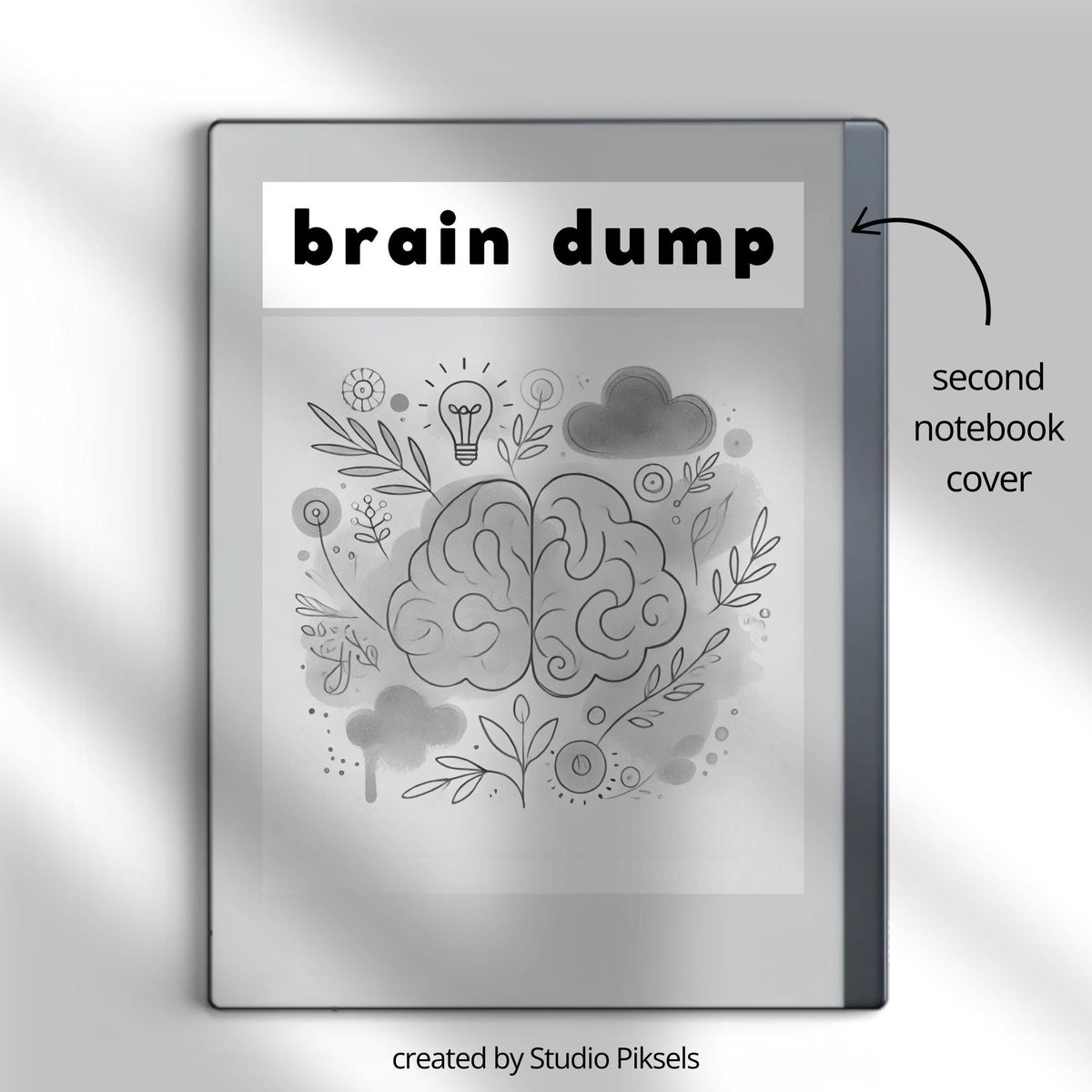 Brain Dump Template for reMarkable 2 and reMarkable Paper Pure featuring hyperlinked lined pages, interactive index navigation, and two grayscale cover designs for productivity and brainstorming