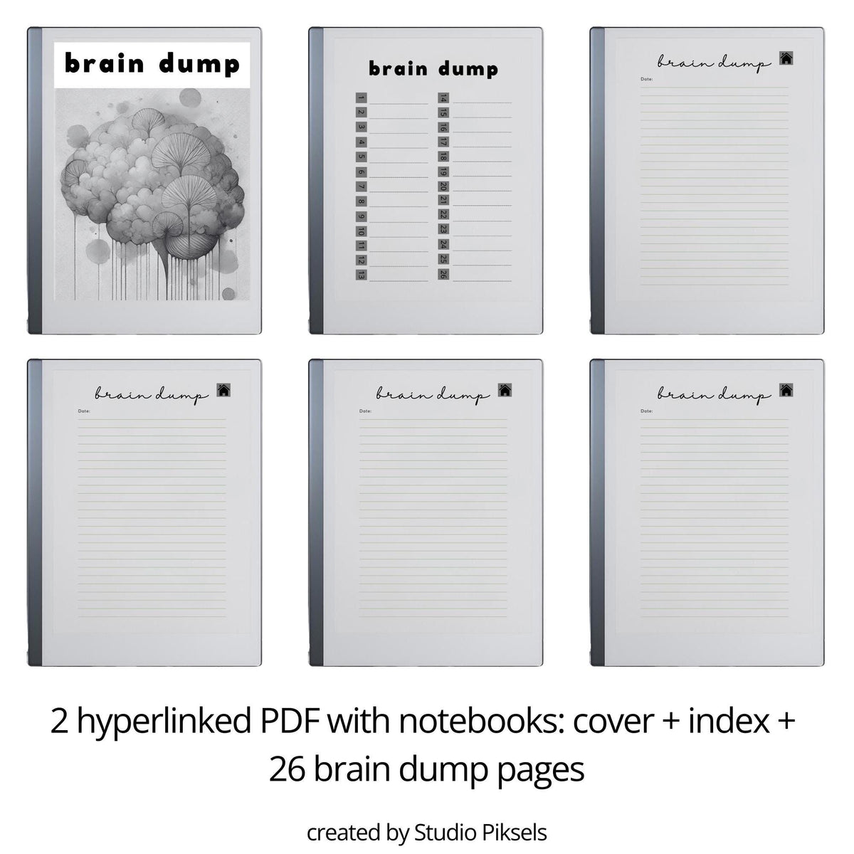 Brain Dump Template for reMarkable 2 and reMarkable Paper Pure featuring hyperlinked lined pages, interactive index navigation, and two grayscale cover designs for productivity and brainstorming