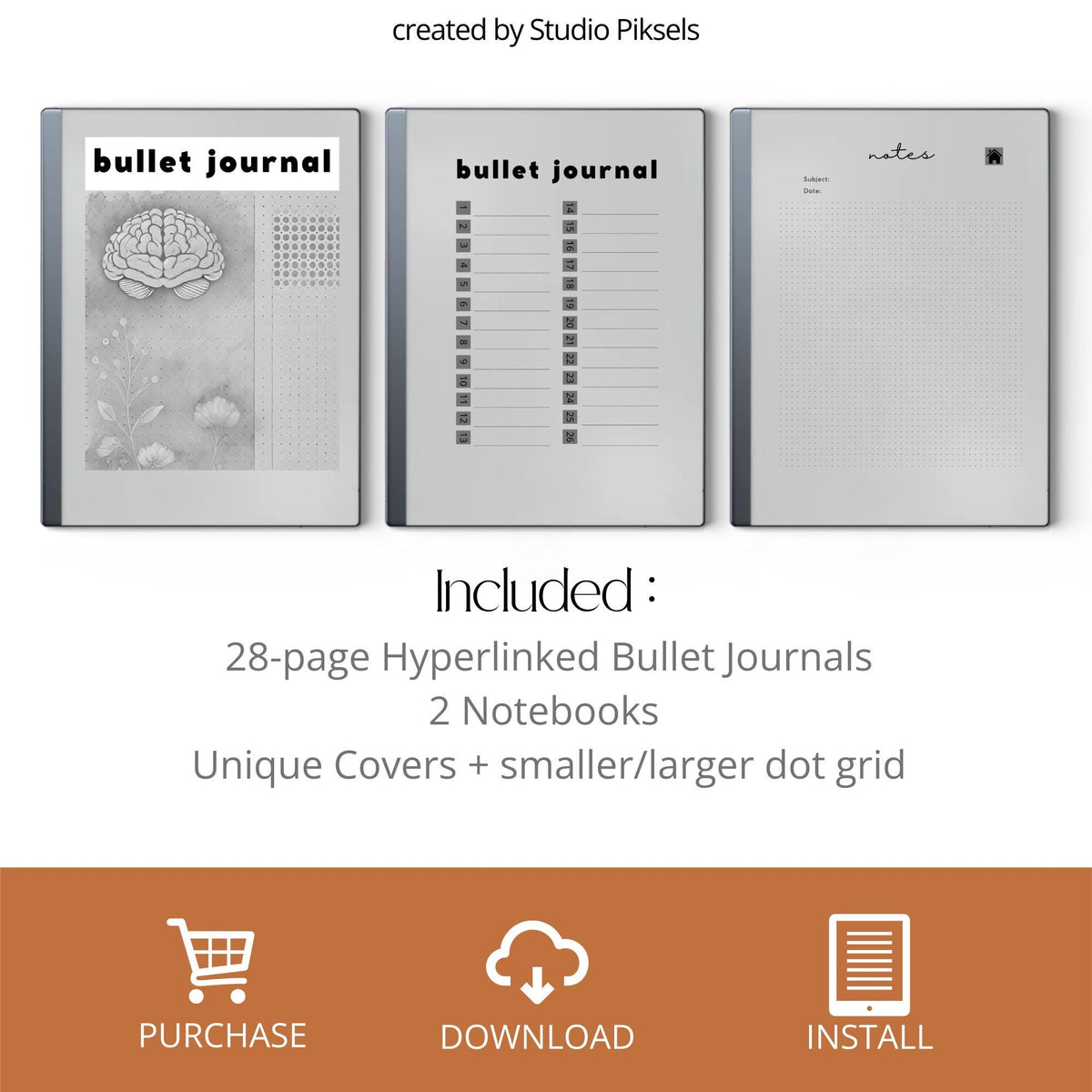 Bullet Journal Bundle for reMarkable Paper Pure and reMarkable 2 with hyperlinked small and large dot grid notebook layouts