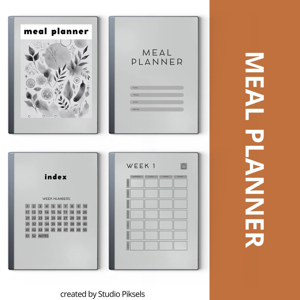 60 page hyperlinked Meal Planner PDF for reMarkable 1 and reMarkable 2 with weekly meal planning grid and clickable index.