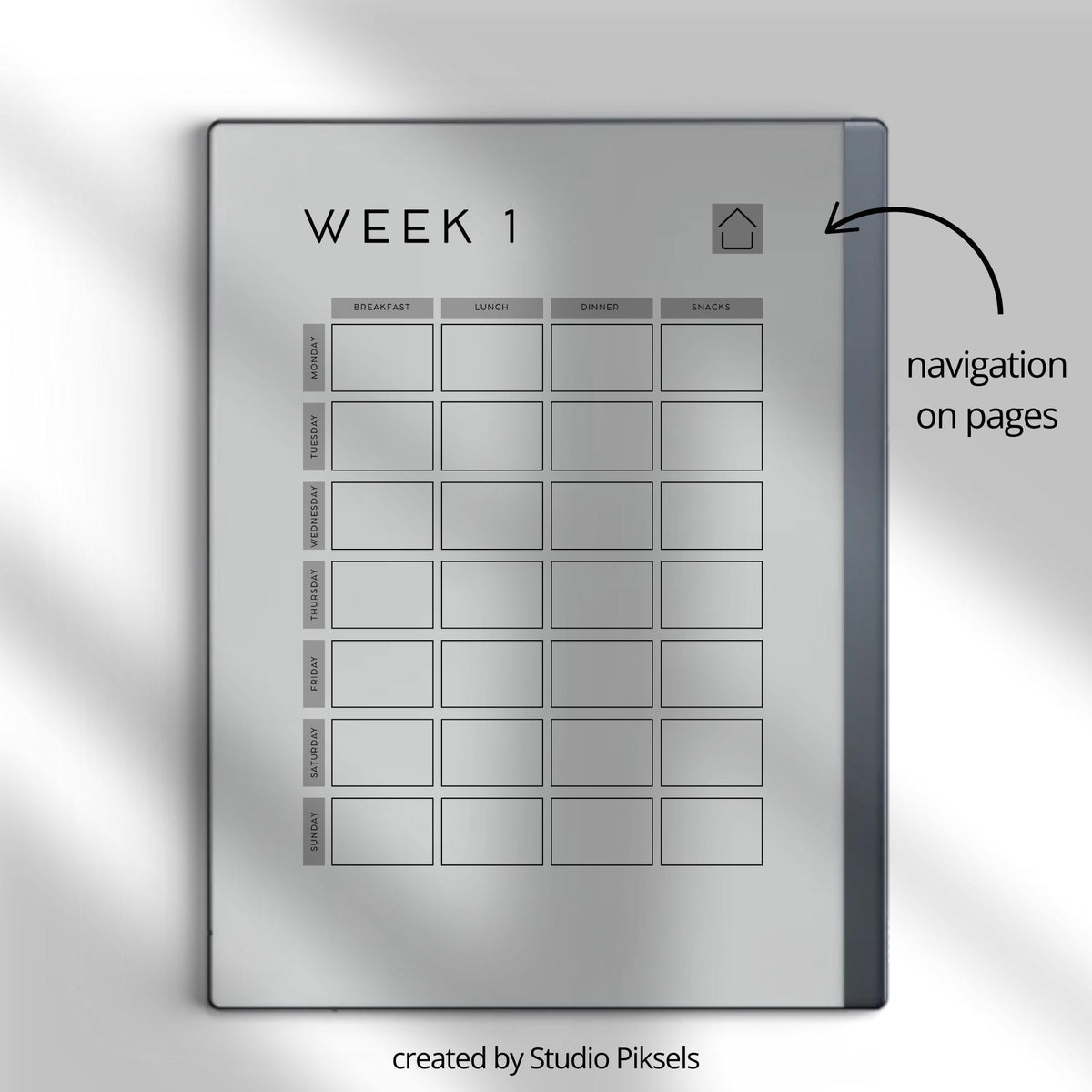 60 page hyperlinked Meal Planner PDF for reMarkable 1 and reMarkable 2 with weekly meal planning grid and clickable index.