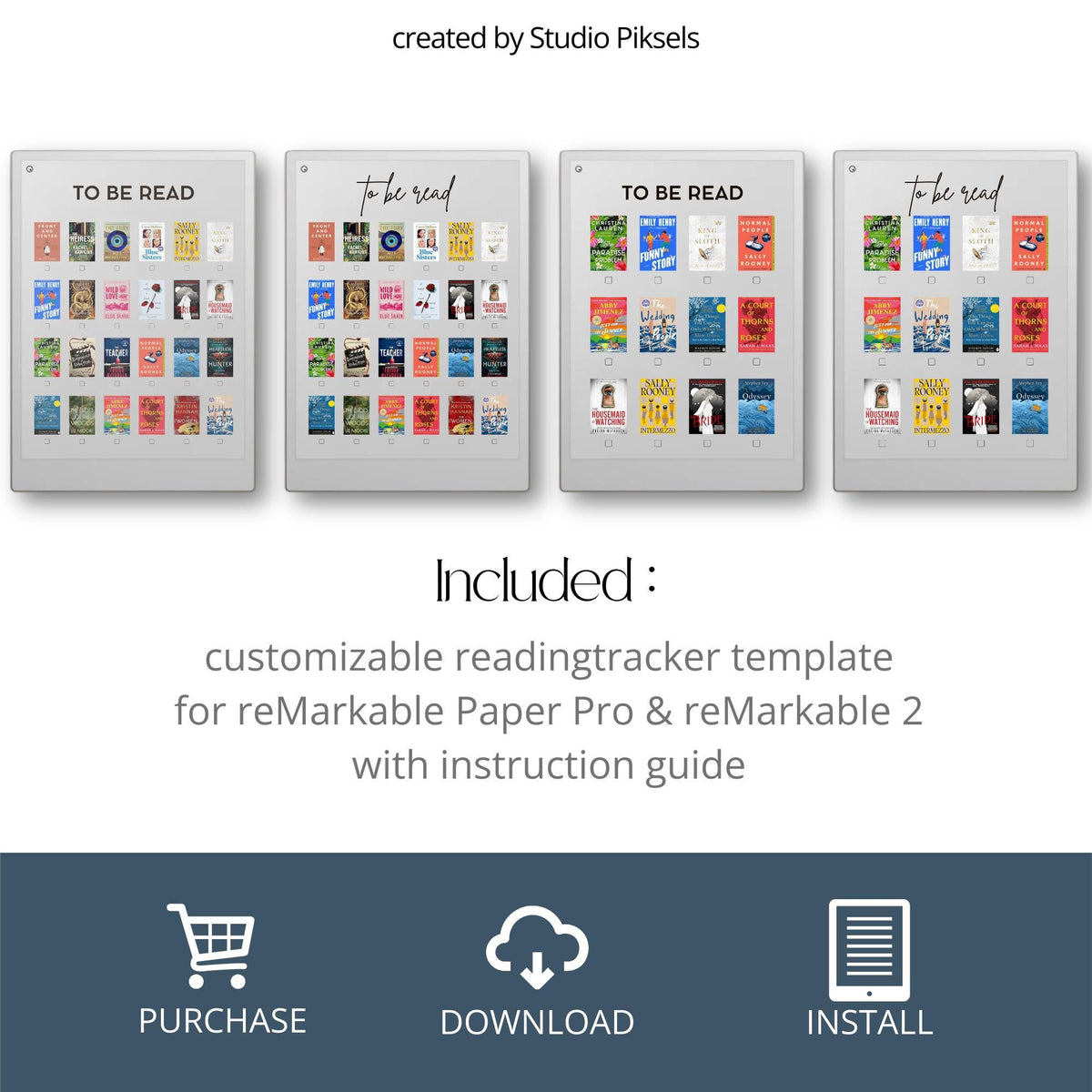 Customizable Reading Planner for reMarkable devices featuring reusable digital book tracking layouts with personalized reading lists, Canva editing, book cover organization, and structured reading journal pages.