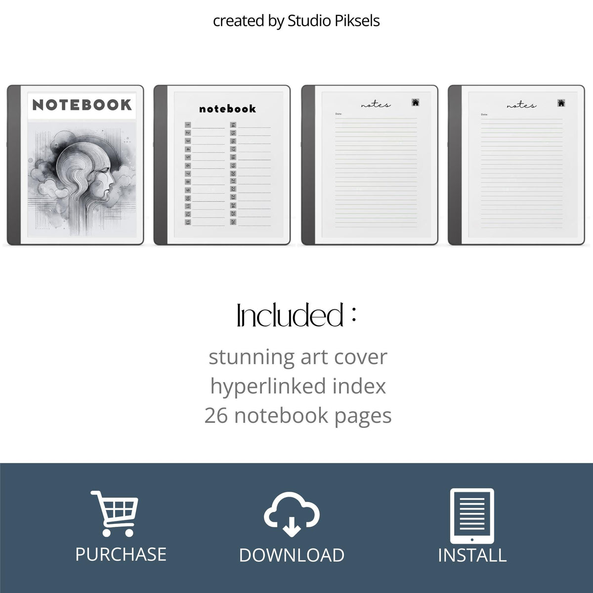 Hyperlinked Notebook for Kindle Scribe with lined digital note-taking pages, watercolor cover design, and clickable index navigation.