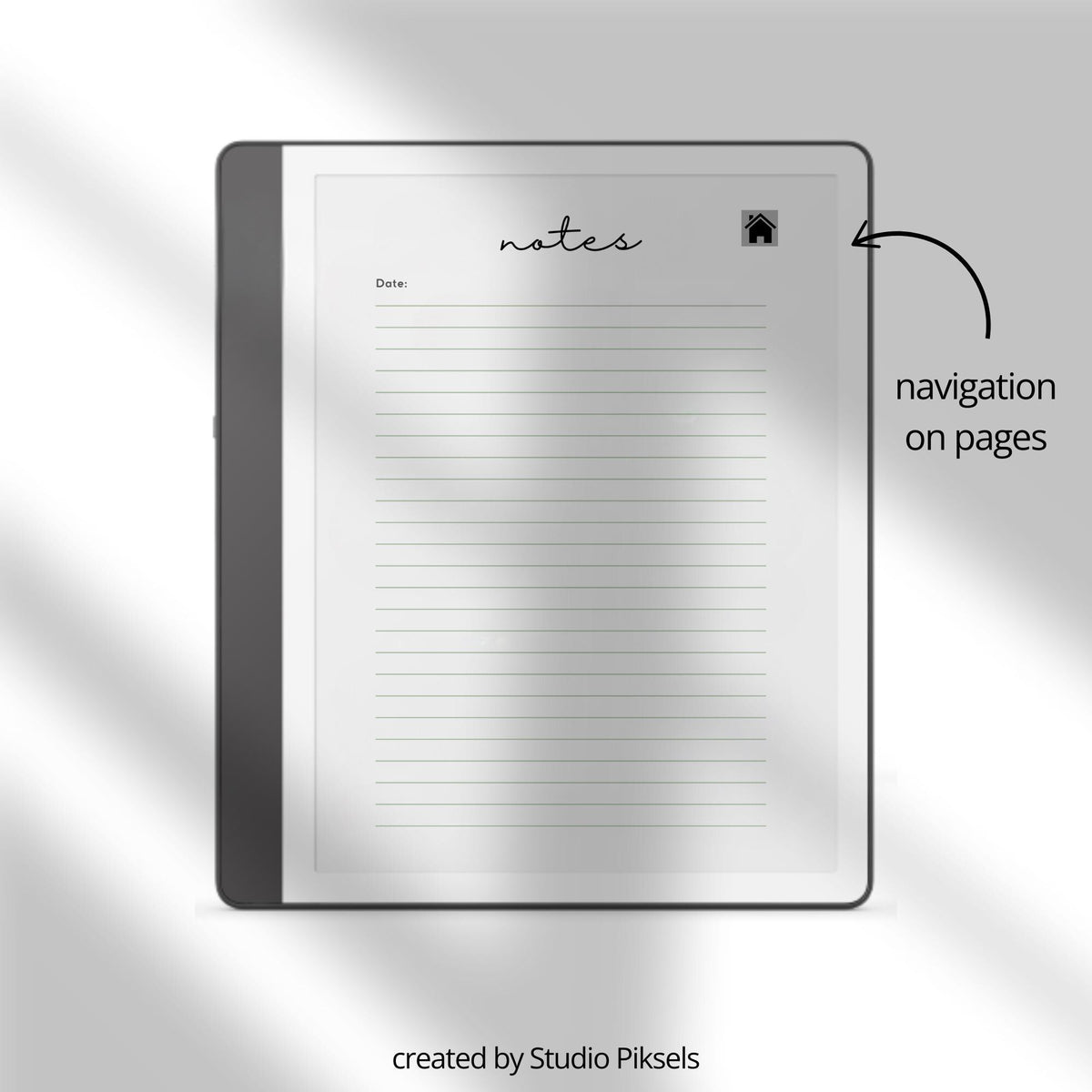 Hyperlinked Notebook for Kindle Scribe with lined digital note-taking pages, watercolor cover design, and clickable index navigation.