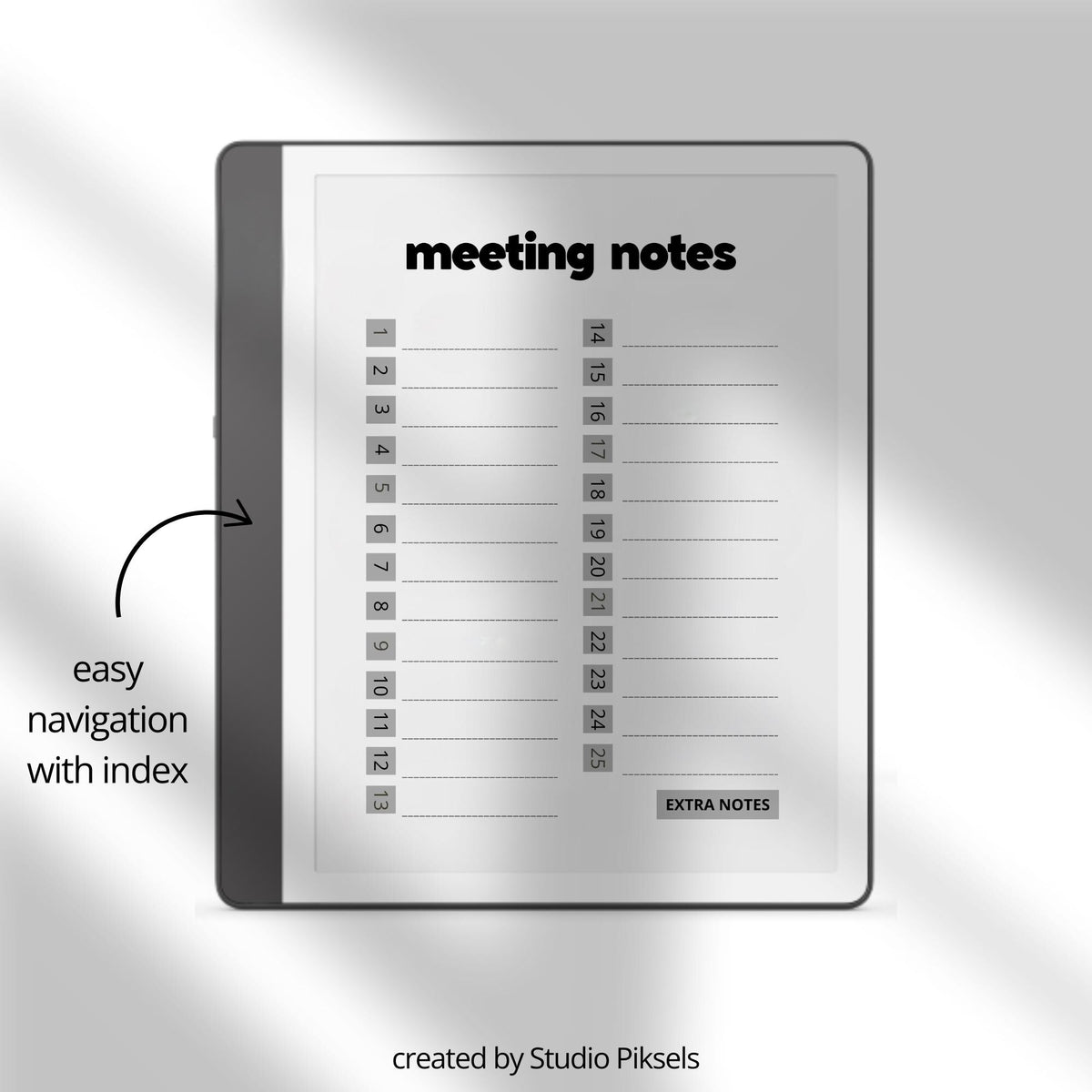 Meeting Notes Notebook for Kindle Scribe featuring hyperlinked meeting pages, action point trackers, extra notes sections, and structured layouts for professional digital note-taking.