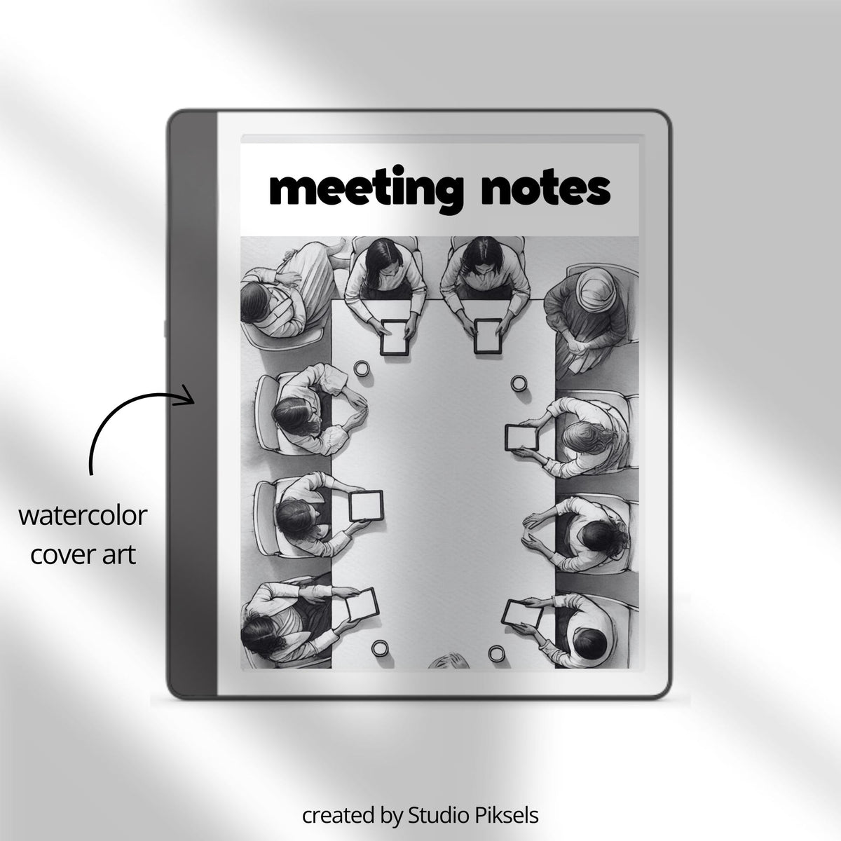 Meeting Notes Notebook for Kindle Scribe featuring hyperlinked meeting pages, action point trackers, extra notes sections, and structured layouts for professional digital note-taking.