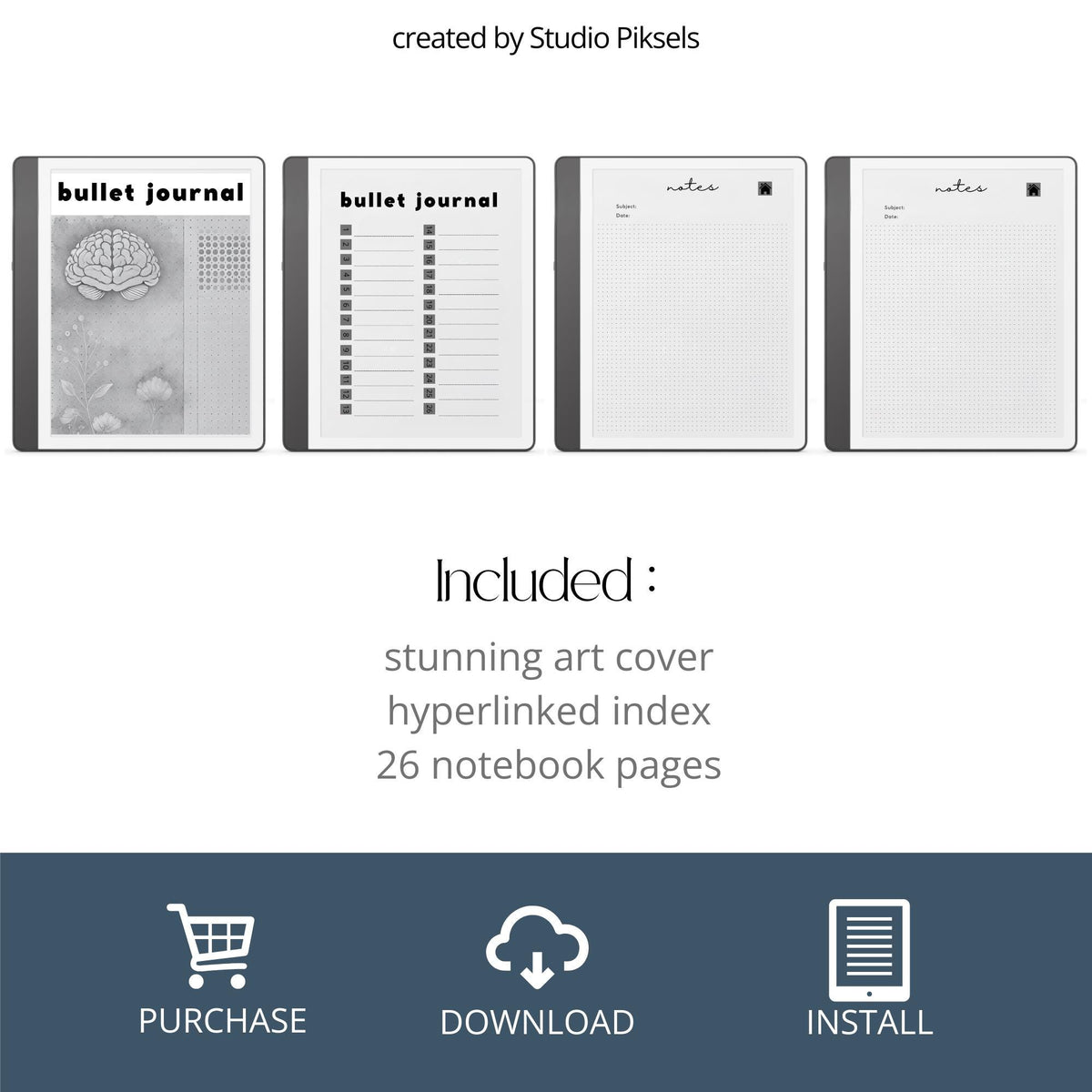 Hyperlinked Bullet Journal for Kindle Scribe featuring dot grid journal pages, clickable navigation, reusable note pages, and minimalist layouts for planning, journaling, and habit tracking.