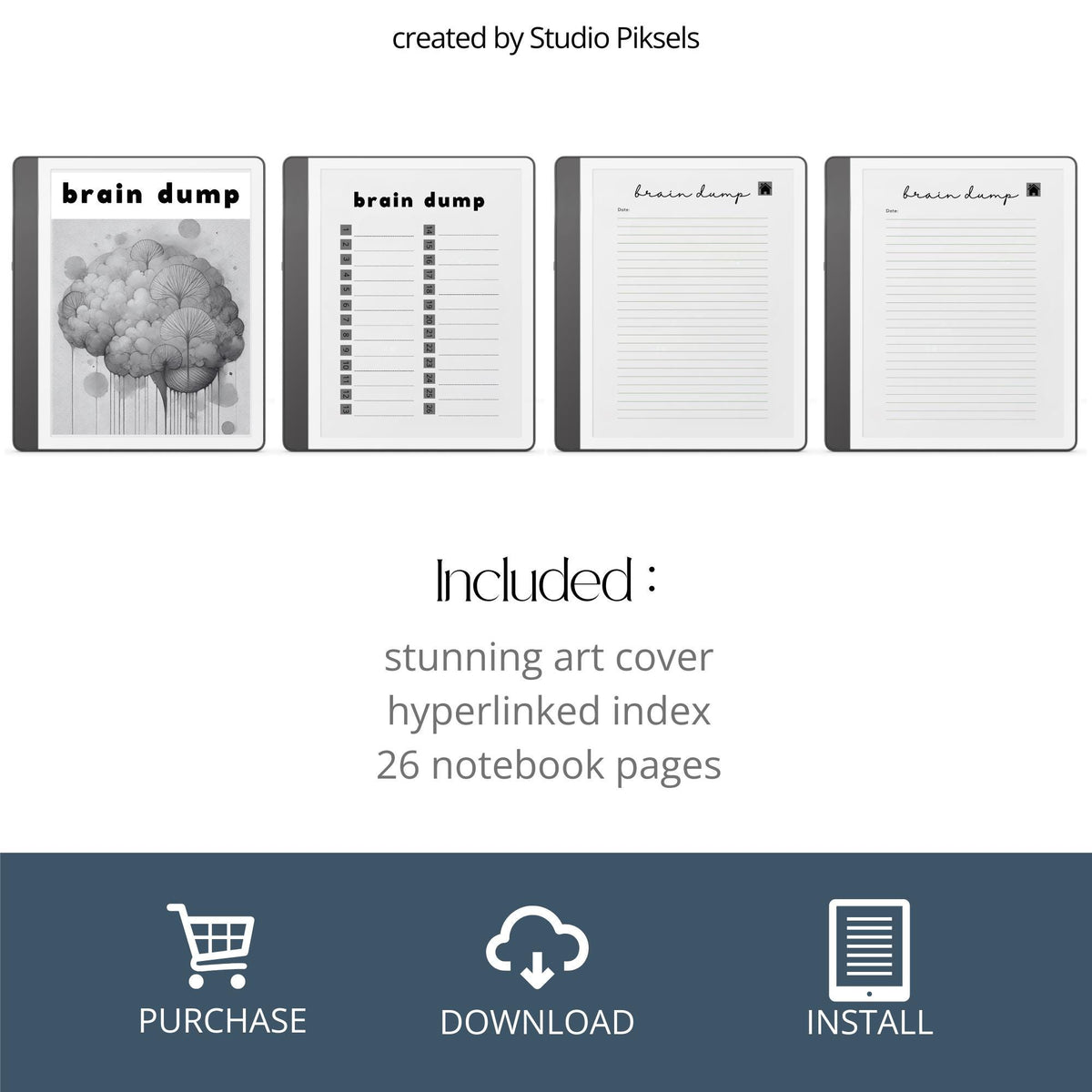 Hyperlinked Brain Dump Notebook for Kindle Scribe featuring lined note pages, clickable navigation, date sections, and minimalist layouts for brainstorming, planning, and digital note-taking.