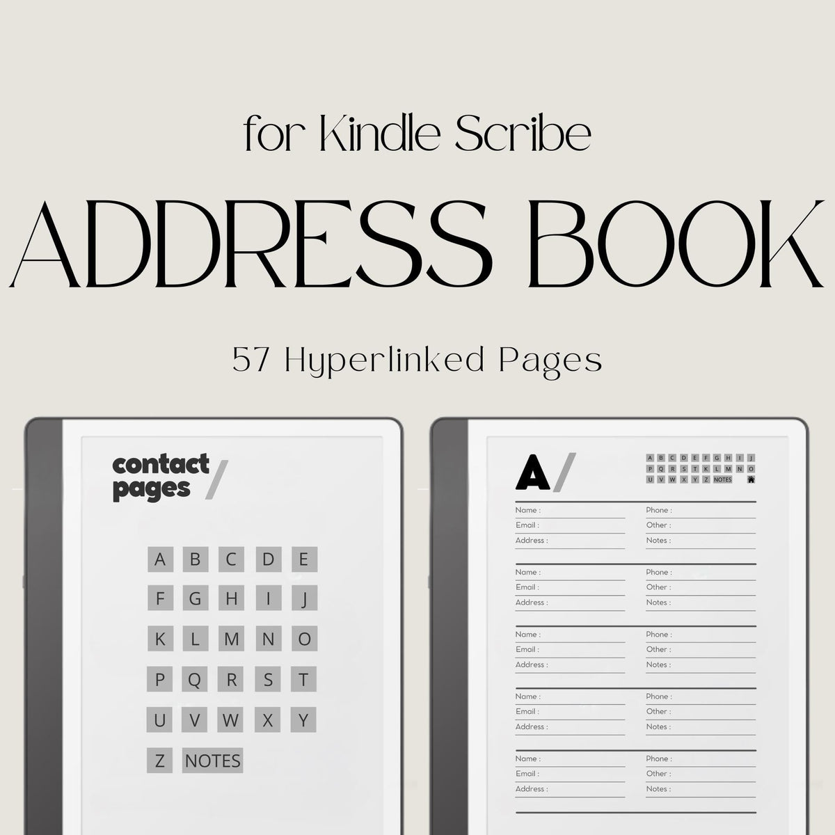 Minimalist hyperlinked Address Book for Kindle Scribe with A to Z navigation tabs, organized contact pages, notes section, and clean digital contact organizer layout.