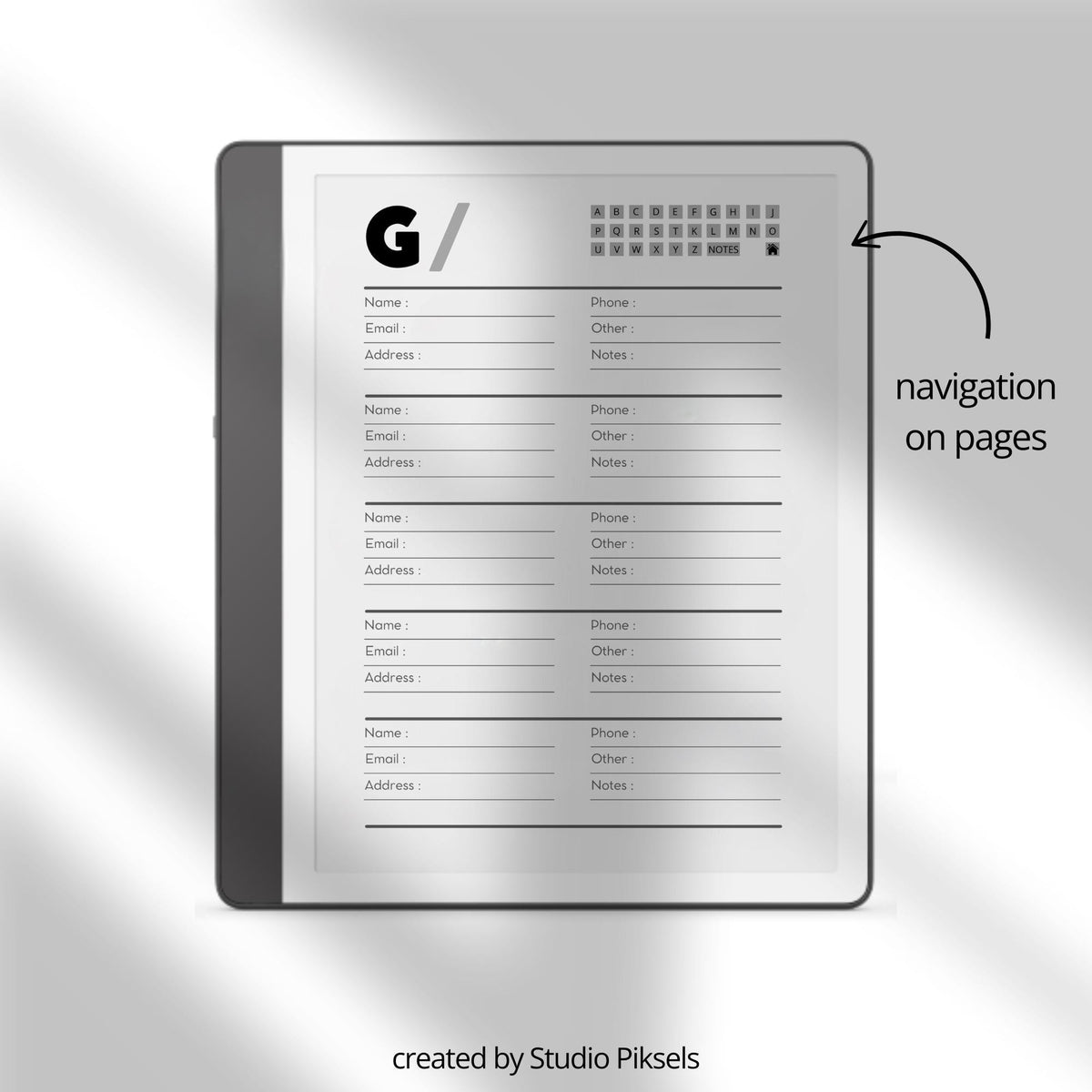 Minimalist hyperlinked Address Book for Kindle Scribe with A to Z navigation tabs, organized contact pages, notes section, and clean digital contact organizer layout.