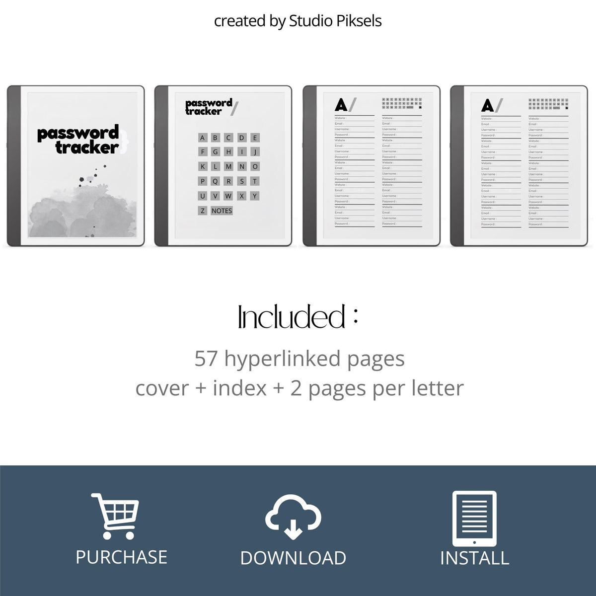 Hyperlinked Password Tracker for Kindle Scribe featuring A to Z password organization pages with sections for website names, usernames, email addresses, passwords, and secure digital account management.
