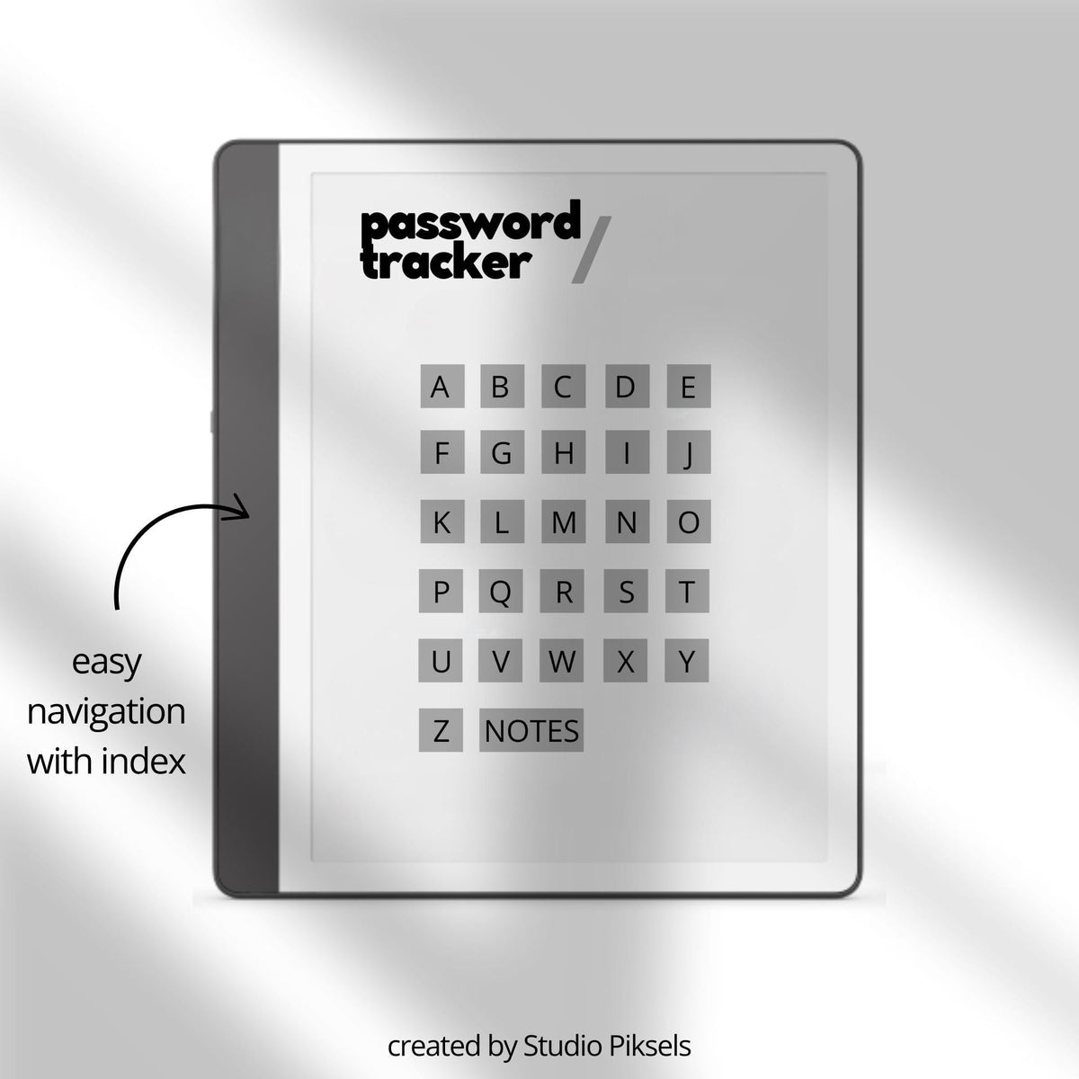 Hyperlinked Password Tracker for Kindle Scribe featuring A to Z password organization pages with sections for website names, usernames, email addresses, passwords, and secure digital account management.