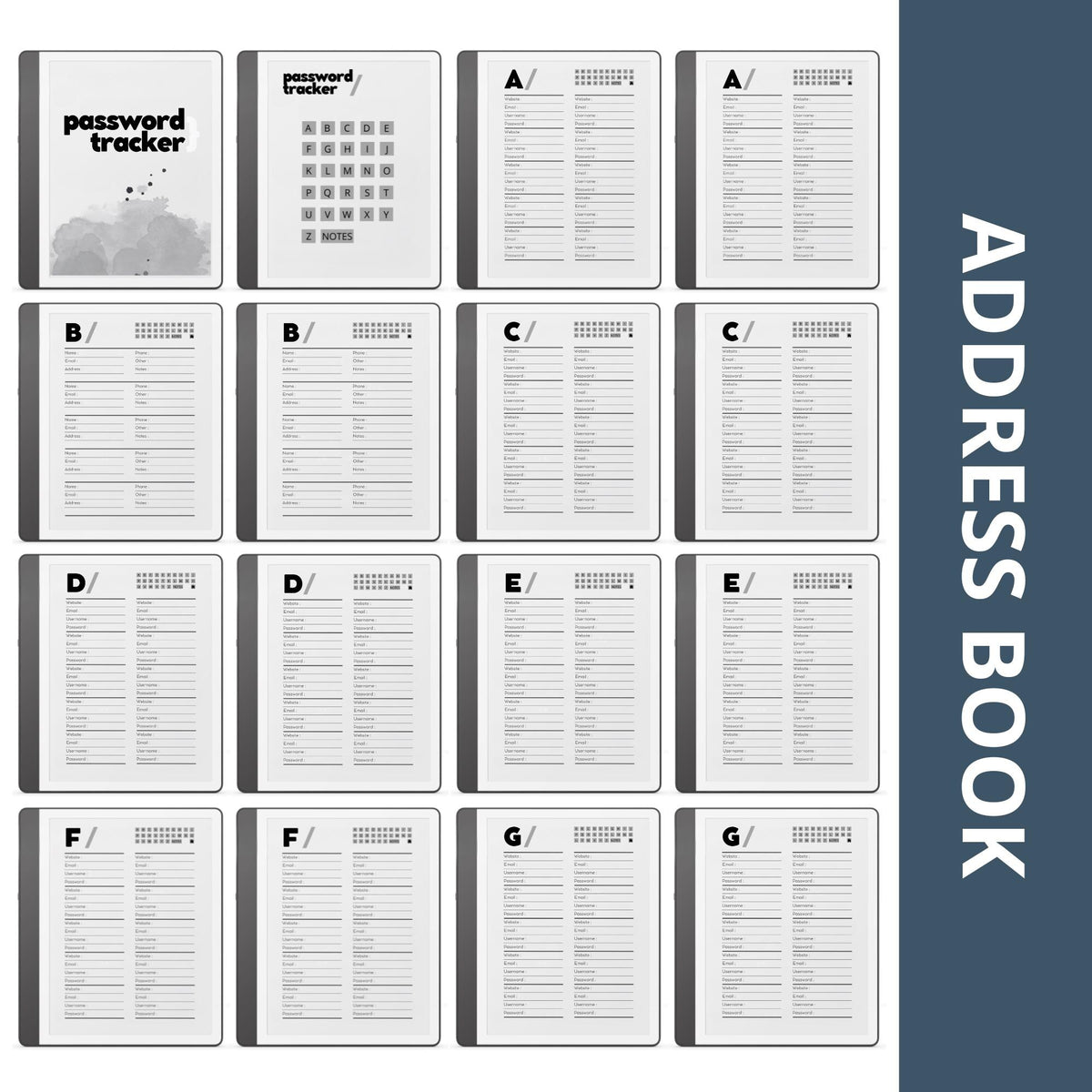 Hyperlinked Password Tracker for Kindle Scribe featuring A to Z password organization pages with sections for website names, usernames, email addresses, passwords, and secure digital account management.