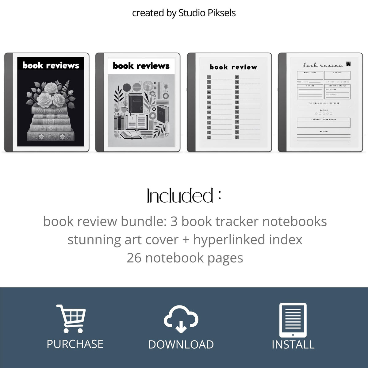 Hyperlinked Book Review Tracker for Kindle Scribe featuring book review pages, reading logs, star ratings, favorite quote sections, and clickable navigation for organized digital reading notes.