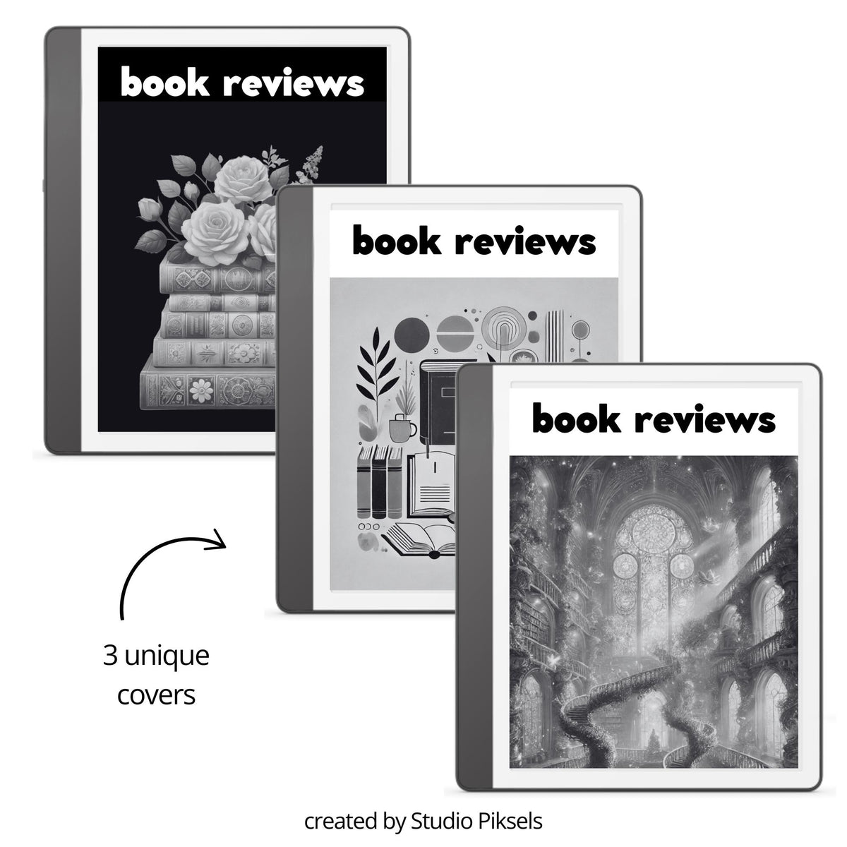 Hyperlinked Book Review Tracker for Kindle Scribe featuring book review pages, reading logs, star ratings, favorite quote sections, and clickable navigation for organized digital reading notes.