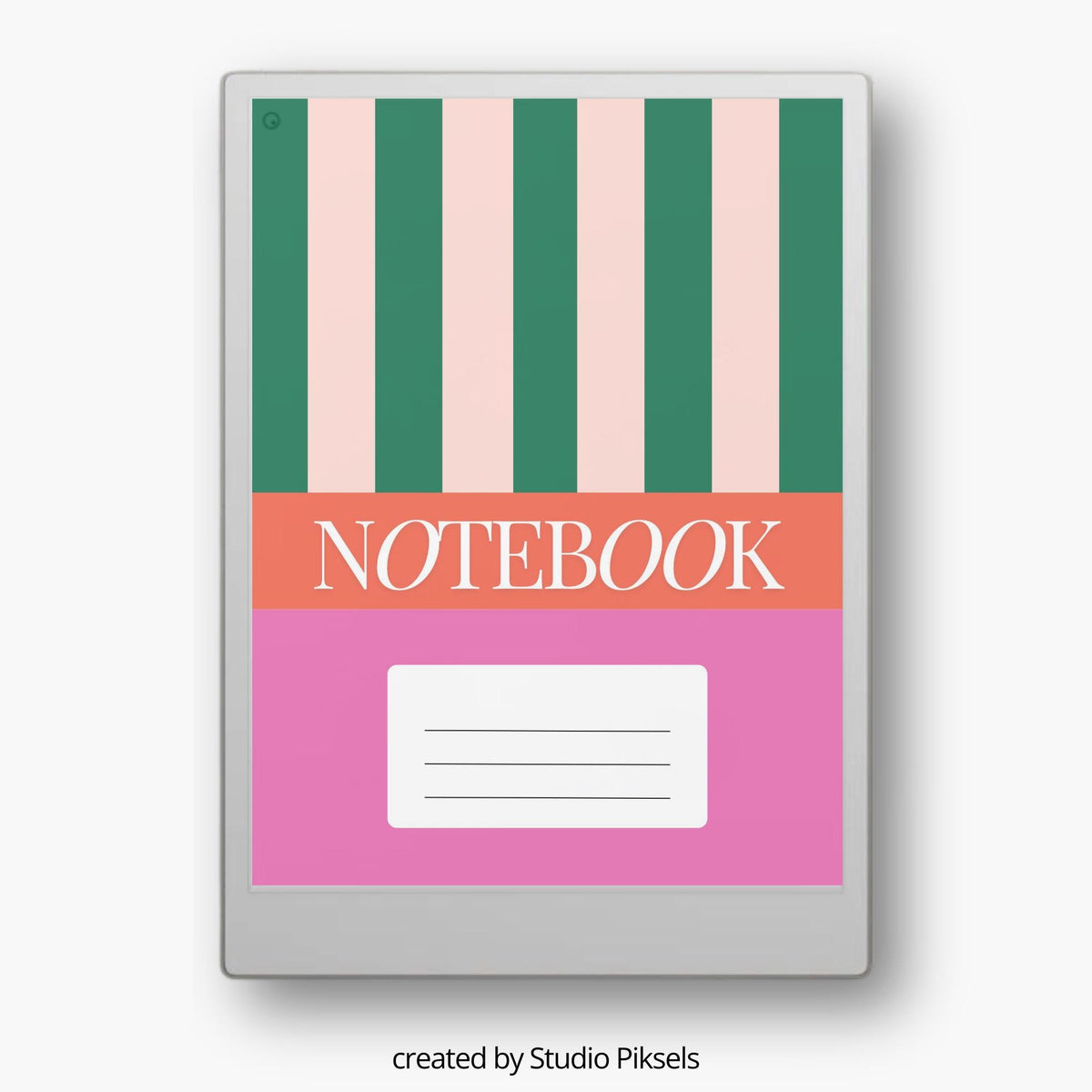 Striped notebook cover bundle for the reMarkable Paper Pro featuring 12 minimalist vertical and horizontal digital covers, geometric line patterns, and file organization layouts.