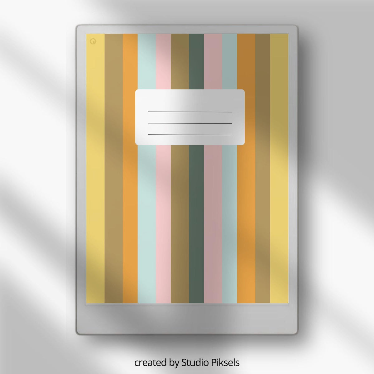 Striped notebook cover bundle for the reMarkable Paper Pro featuring 12 minimalist vertical and horizontal digital covers, geometric line patterns, and file organization layouts.