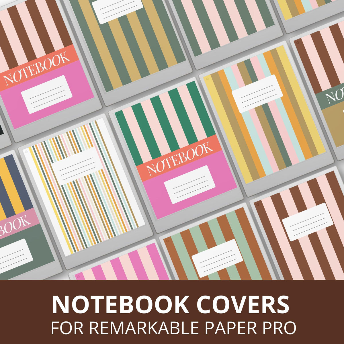 Striped notebook cover bundle for the reMarkable Paper Pro featuring 12 minimalist vertical and horizontal digital covers, geometric line patterns, and file organization layouts.