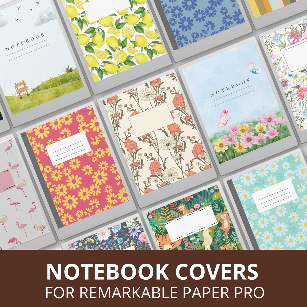 Artistic notebook cover bundle for the reMarkable Paper Pro featuring 13 colorful floral and botanical digital covers, planner aesthetics, and file organization layouts.