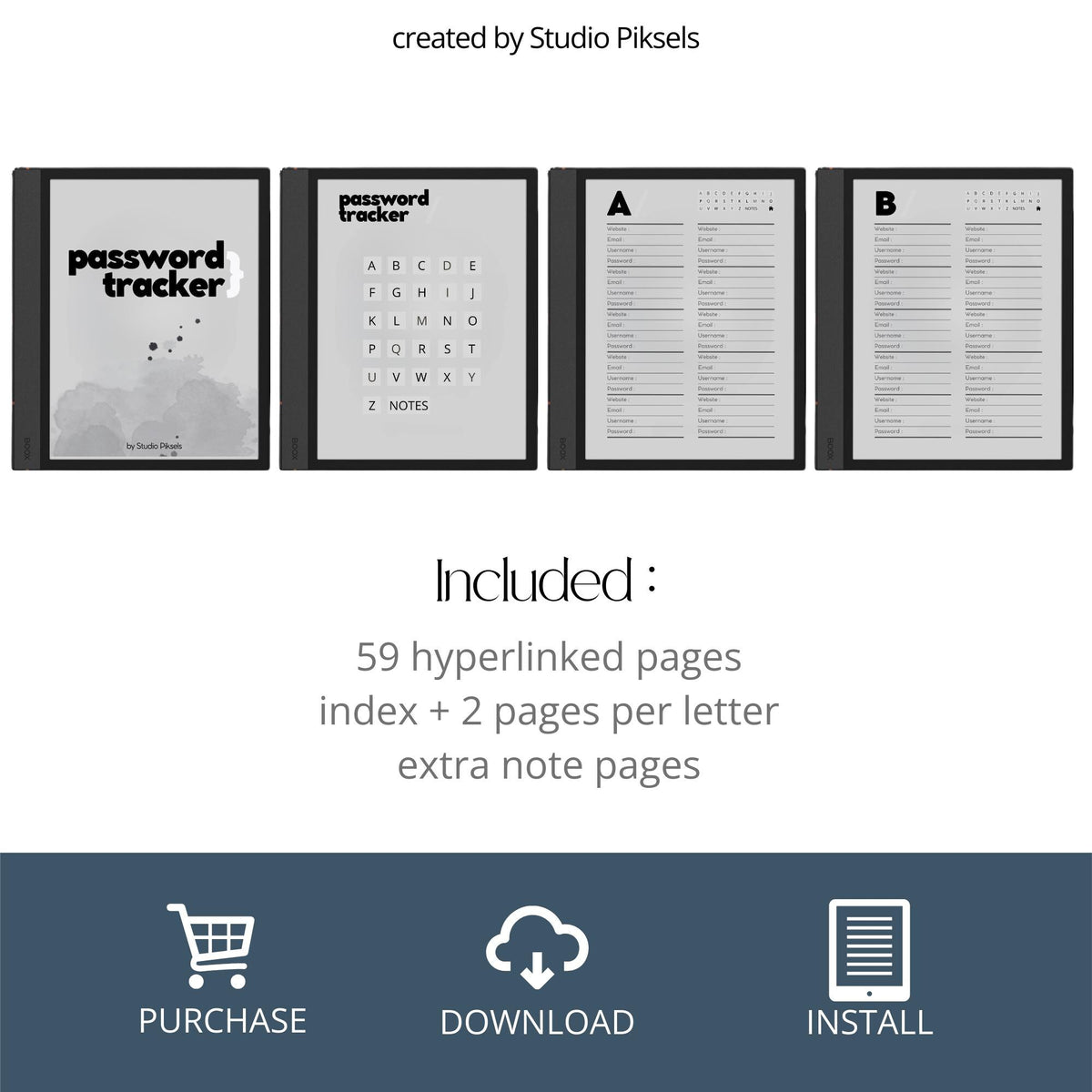 Hyperlinked Password Tracker Notebook for BOOX Note with linked password tracking pages and minimalist digital organization layouts.