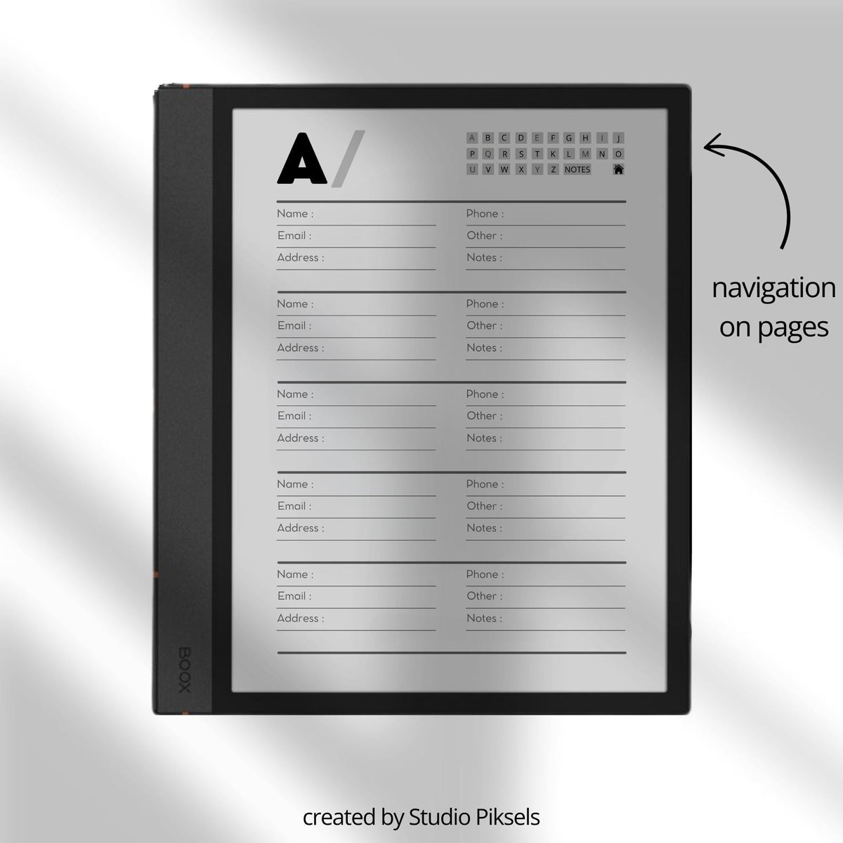 Hyperlinked Address Book for BOOX Note with alphabetical contact sections, linked navigation, and minimalist digital organizer pages.