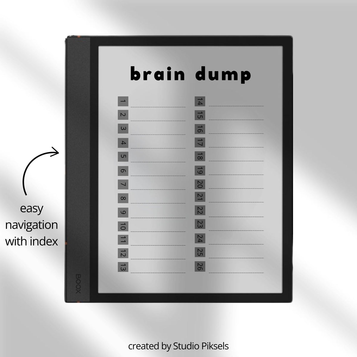 Brain Dump Notebook for BOOX Note with hyperlinked lined pages for brainstorming, planning, journaling, and digital note-taking.