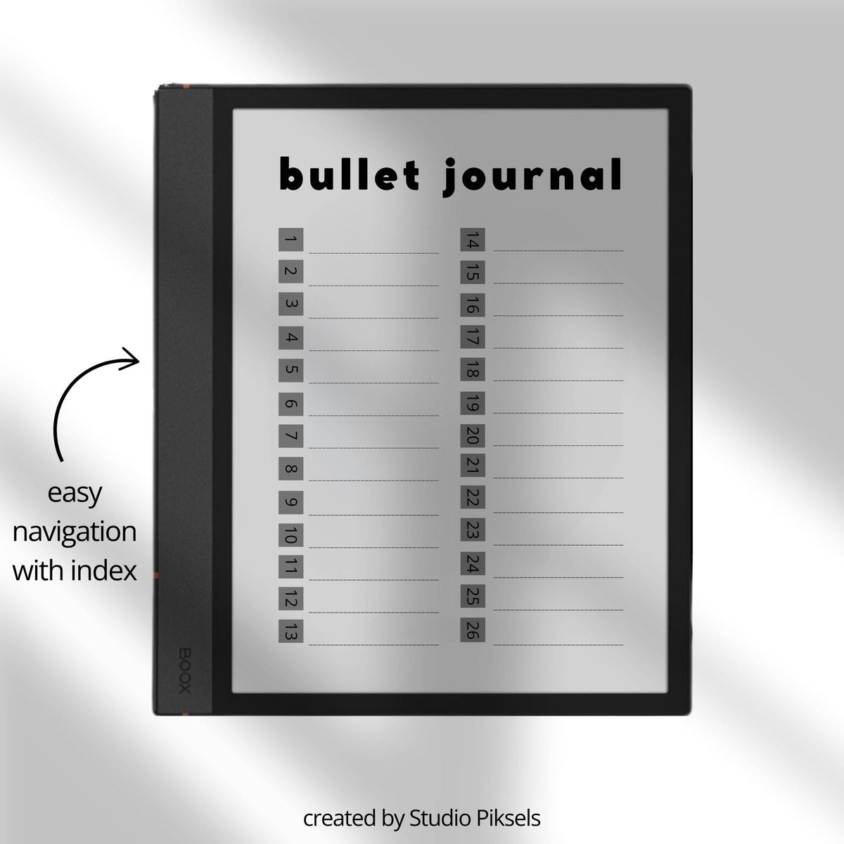 BOOX Bullet Journal with hyperlinked dotted grid pages, minimalist grayscale layouts, and reusable digital notebook design.