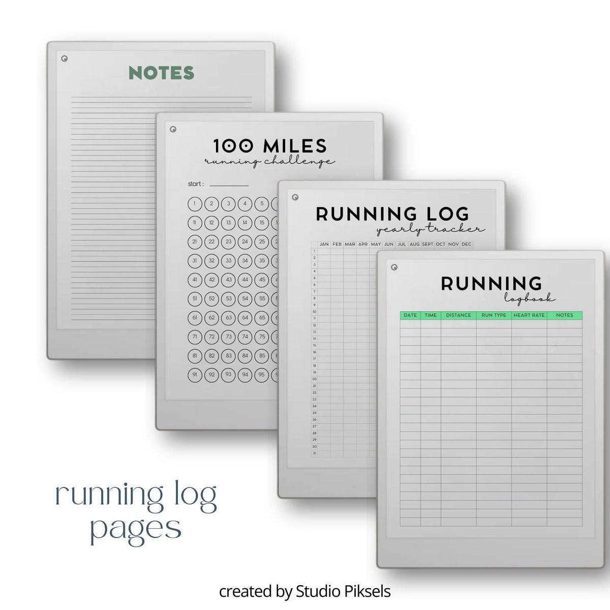 Running Planner for reMarkable tablets with yearly running trackers, mileage tracking pages, running log layouts, fitness goal planners, and digital training journals.