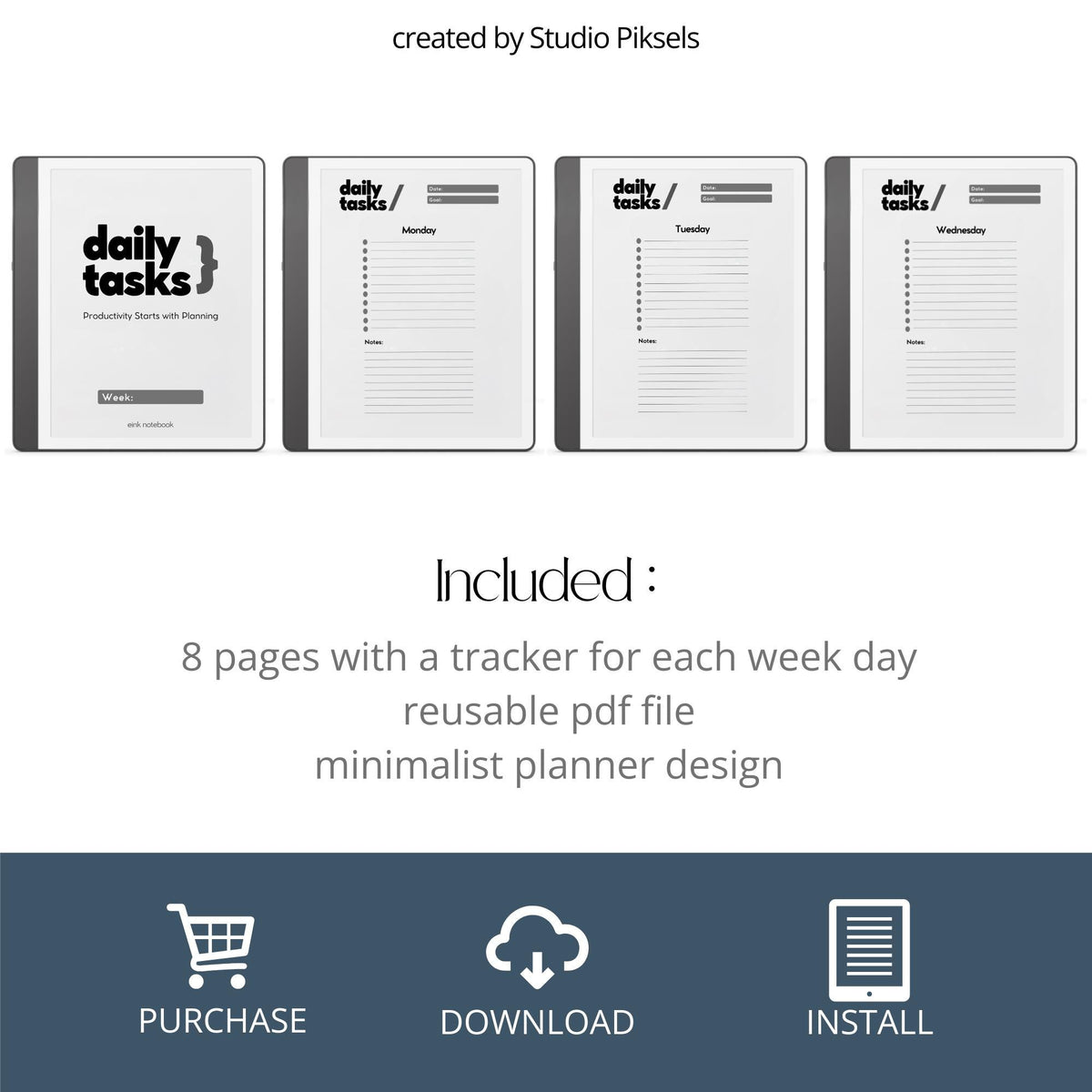 Minimalist Daily Task Planner for Kindle Scribe featuring weekly task planning pages with sections for goals, priorities, notes, and productivity tracking.