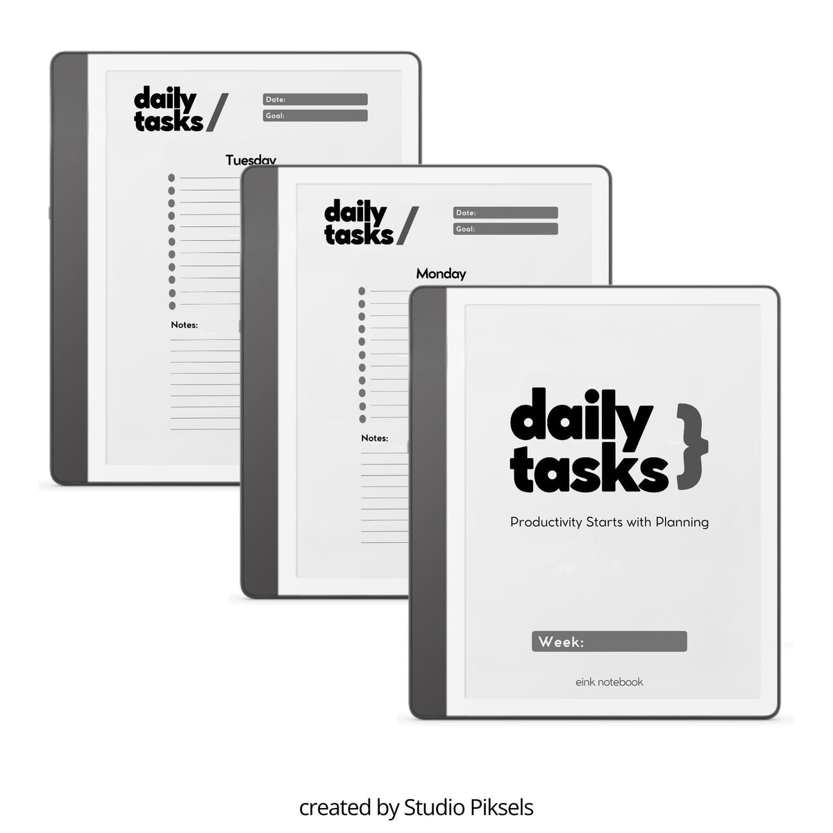 Minimalist Daily Task Planner for Kindle Scribe featuring weekly task planning pages with sections for goals, priorities, notes, and productivity tracking.
