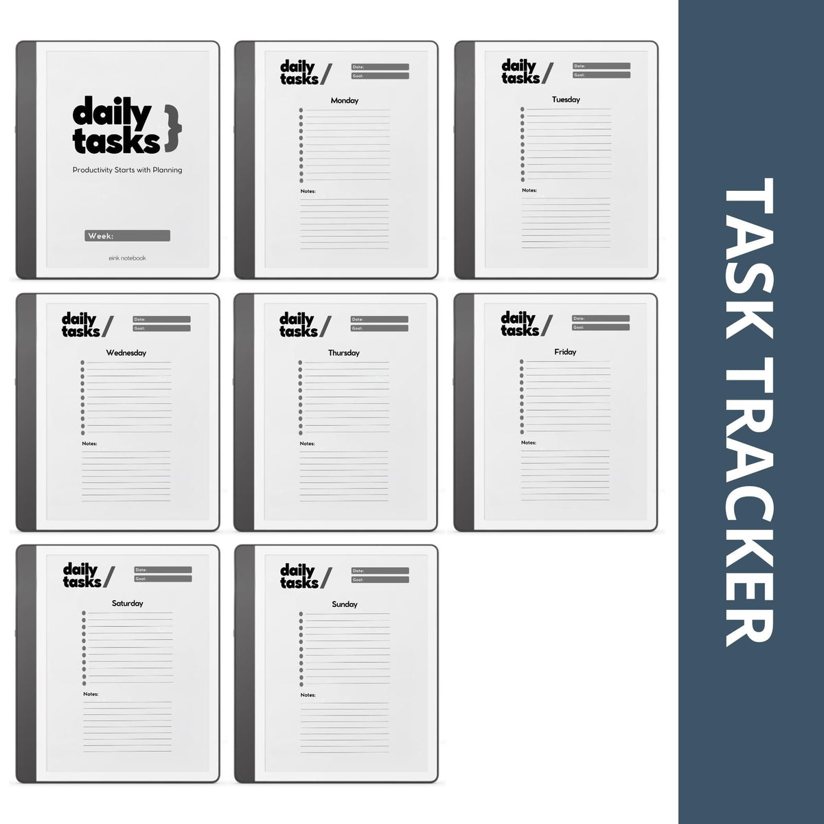 Minimalist Daily Task Planner for Kindle Scribe featuring weekly task planning pages with sections for goals, priorities, notes, and productivity tracking.