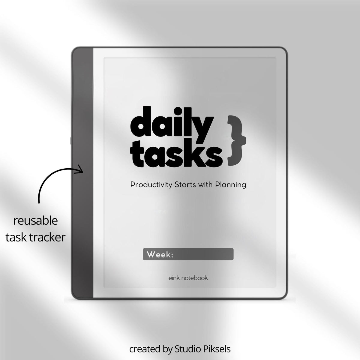 Minimalist Daily Task Planner for Kindle Scribe featuring weekly task planning pages with sections for goals, priorities, notes, and productivity tracking.