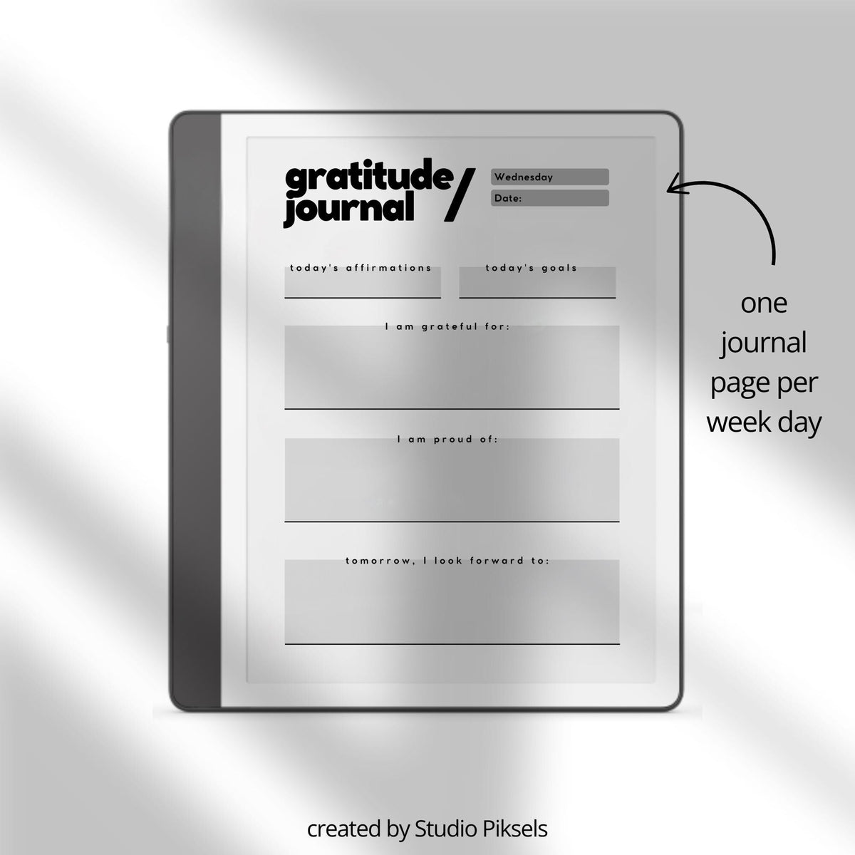 Gratitude Journal for Kindle Scribe with guided daily reflection pages, mindfulness prompts, and minimalist digital journaling layouts.