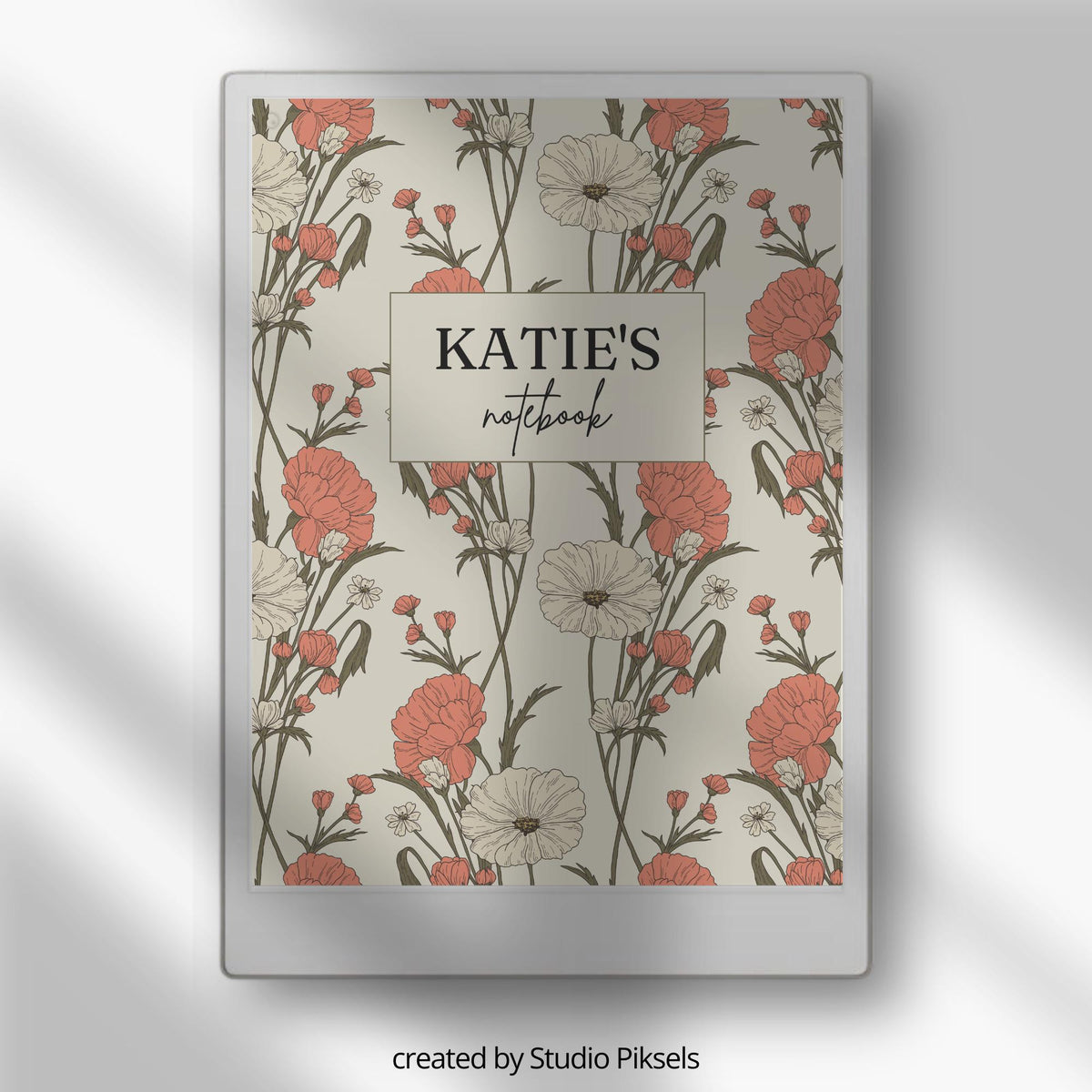 Custom floral sleep screen for reMarkable Paper Pro featuring vintage flower artwork, soft muted colors, and editable personalized text for elegant E Ink device customization.