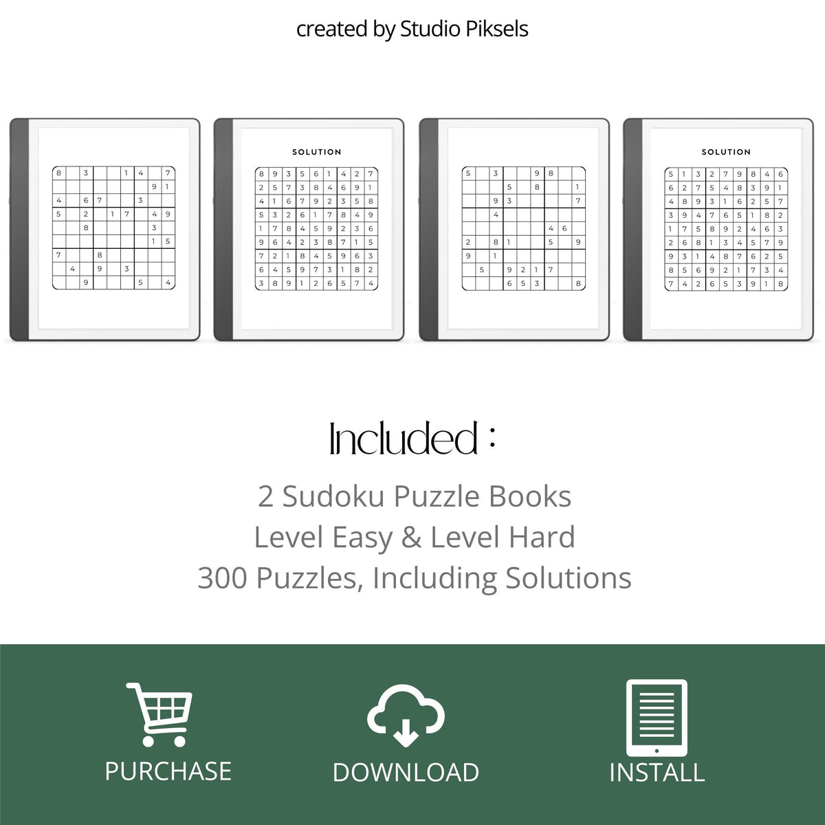 Sudoku Puzzle Bundle for Kindle Scribe featuring 300 easy and hard Sudoku puzzles with solution pages for relaxing brain training and digital puzzle solving.