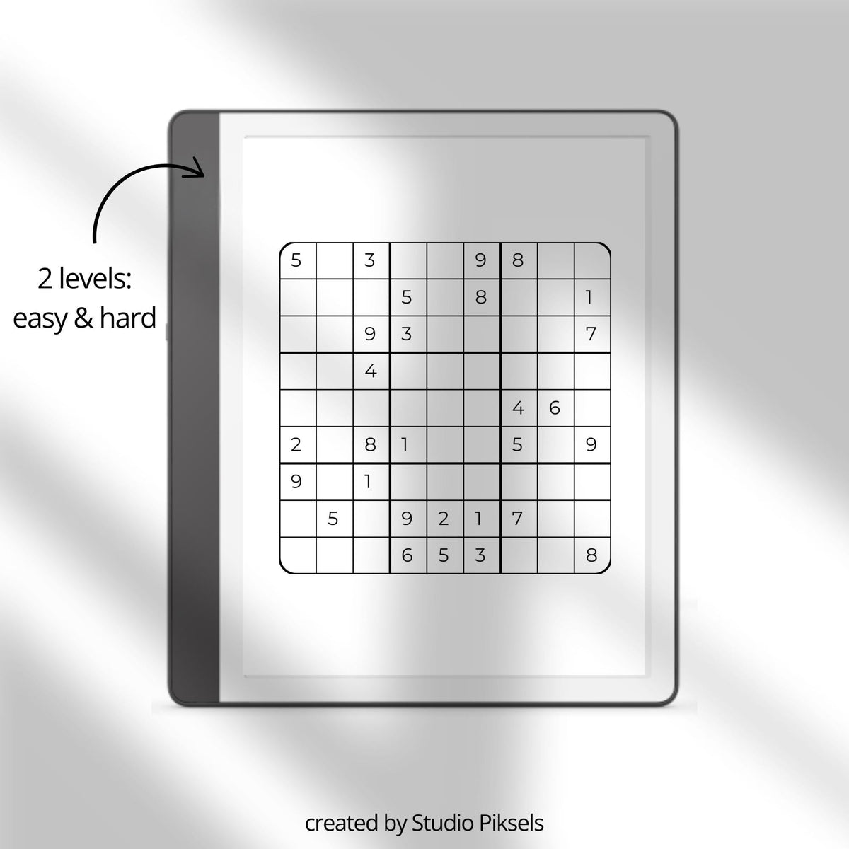 Sudoku Puzzle Bundle for Kindle Scribe featuring 300 easy and hard Sudoku puzzles with solution pages for relaxing brain training and digital puzzle solving.